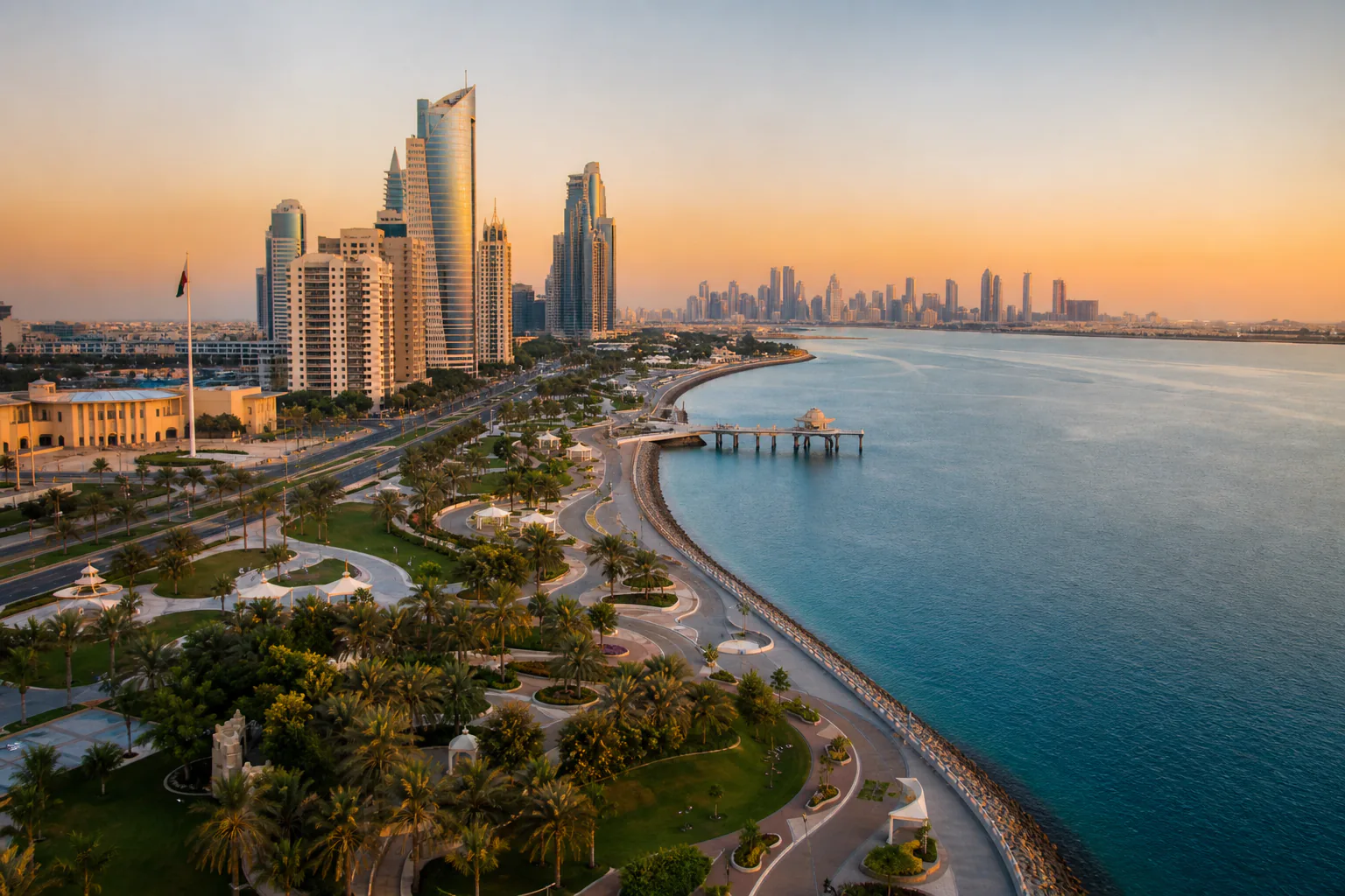 Abu Dhabi corniche and skyline at dusk