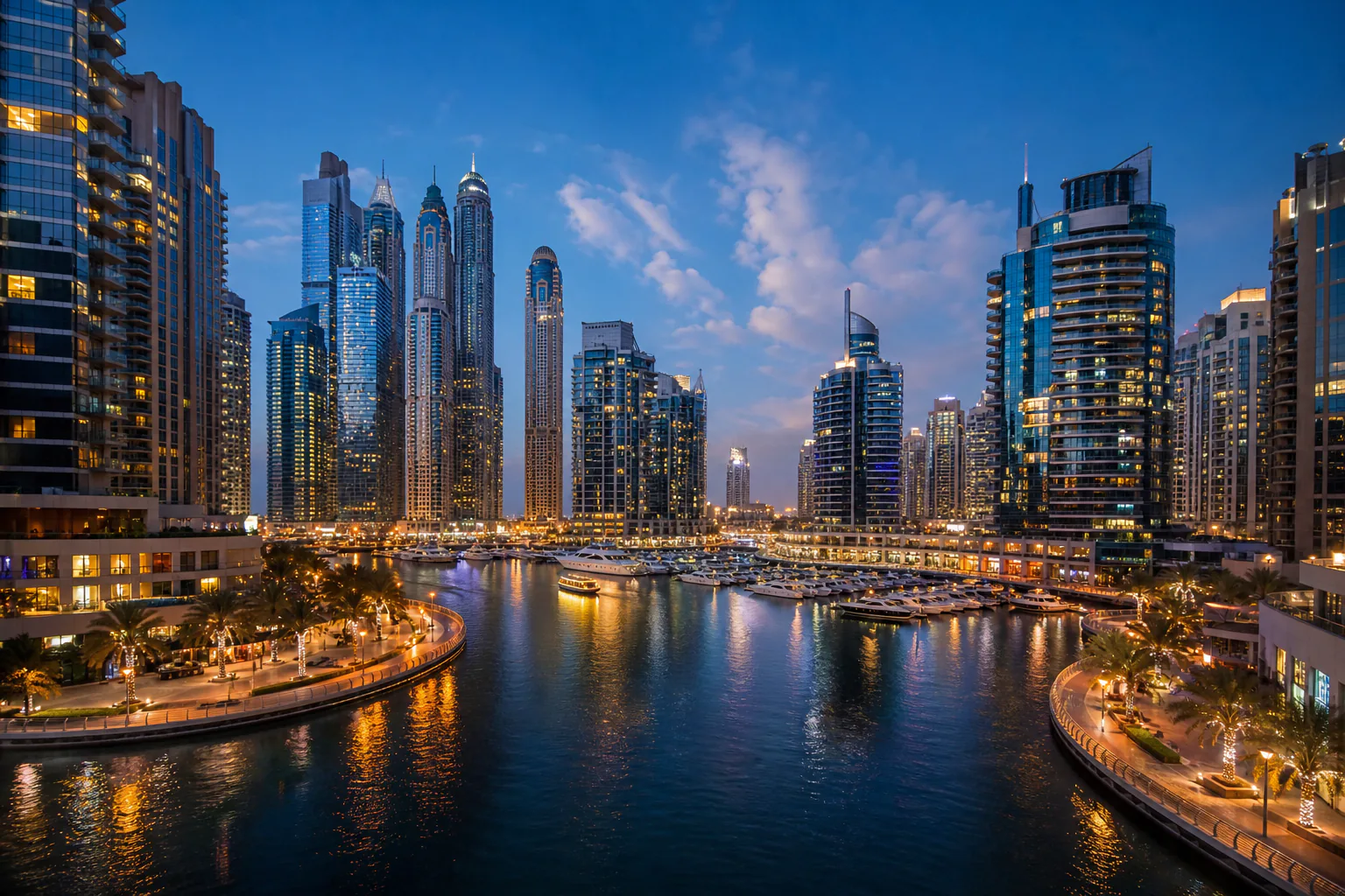 Dubai Marina towers at blue hour