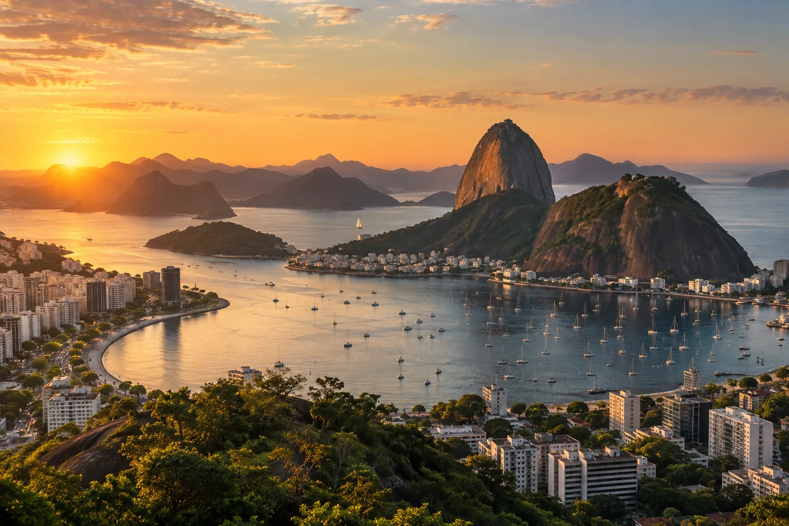 Elevated view from above Botafogo Bay toward Sugarloaf Mountain, tropical green slopes, arc of waterfront buildings and a few small sailboats at sunset