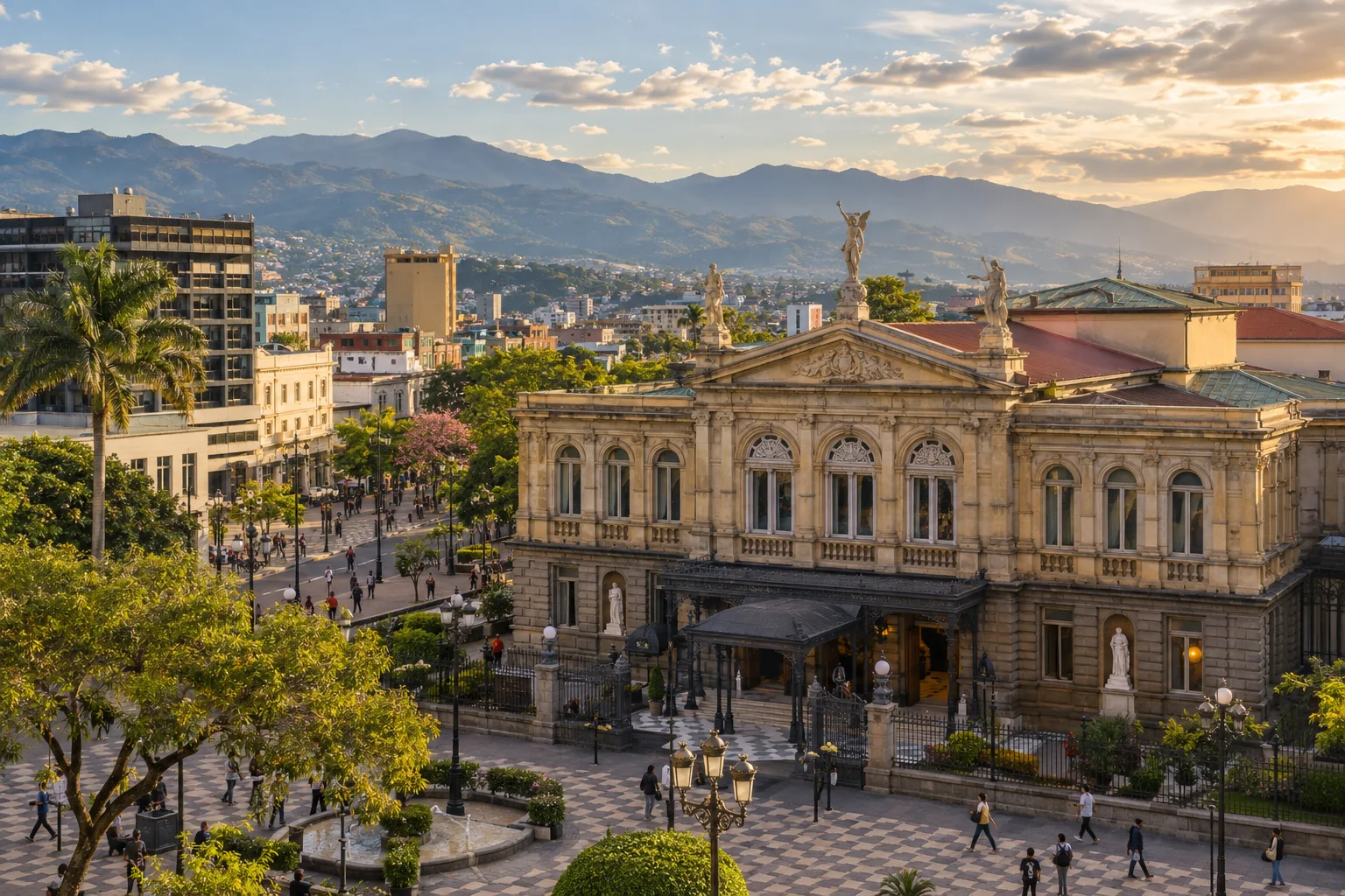The neoclassical National Theatre frontage and surrounding central-city streets, distant Central Valley mountains and soft warm afternoon light