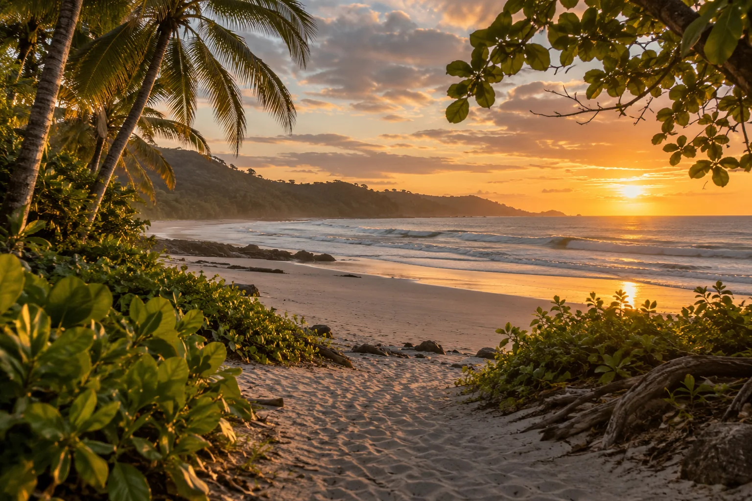 Long Pacific surf beach with palms and dense green foliage, sandy path opening to gentle surf and distant headland at golden sunset