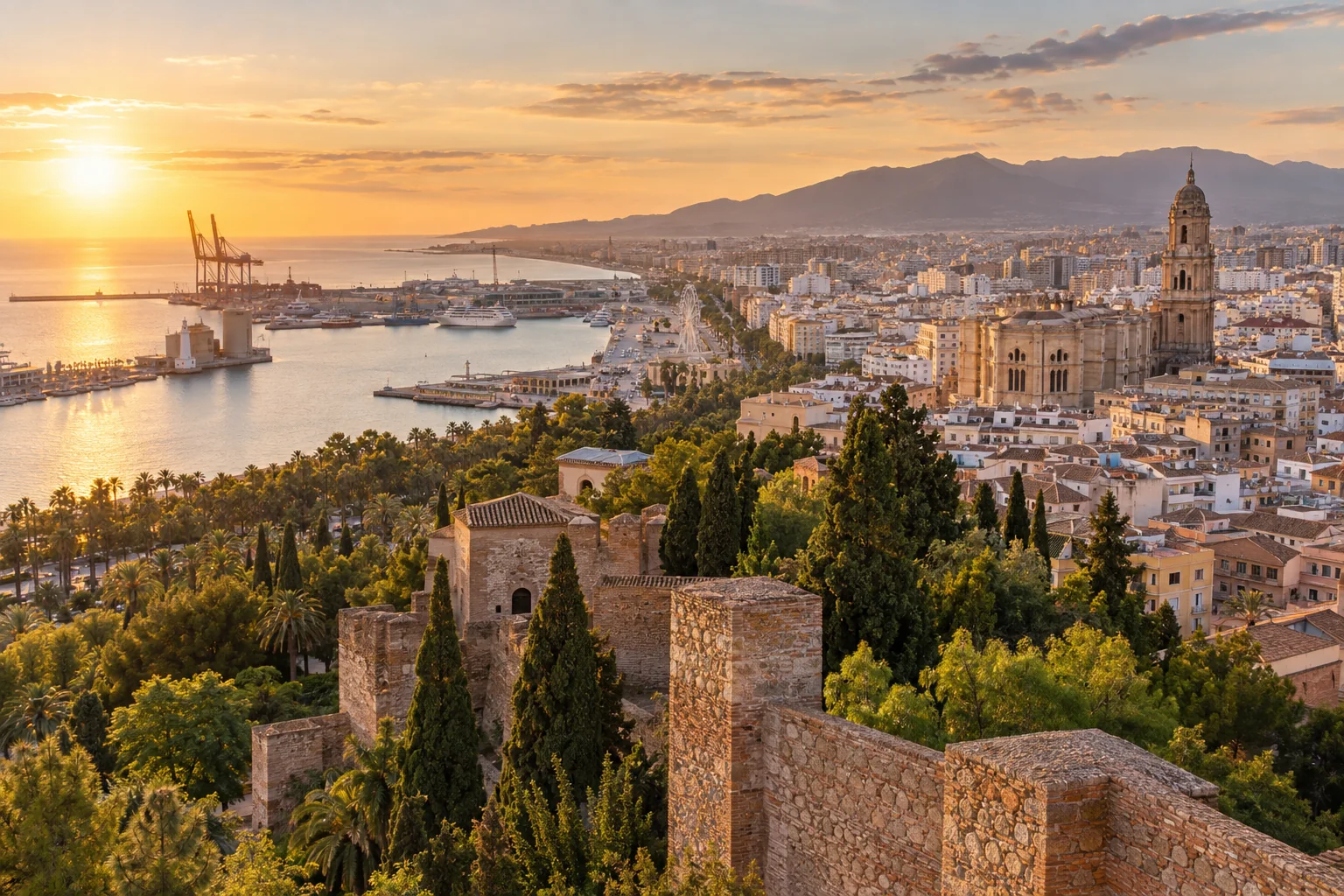Elevated view from Gibralfaro toward the historic center, cathedral and the Mediterranean harbor, terracotta rooftops and warm stone in golden-hour light