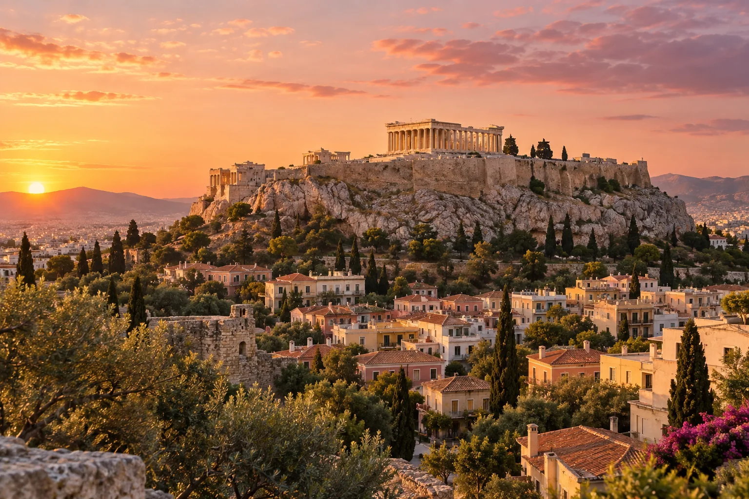 The Acropolis and Parthenon rising above the layered roofs of Plaka