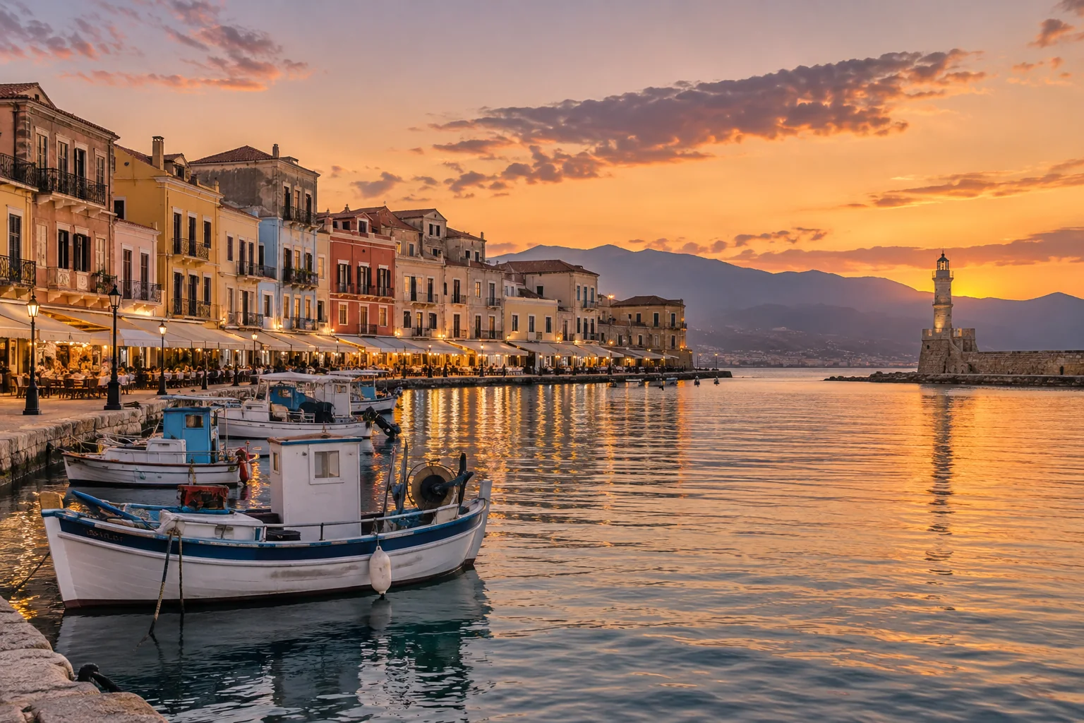The curved Venetian harbor with pastel old-town facades, the stone lighthouse across the water and moored small boats