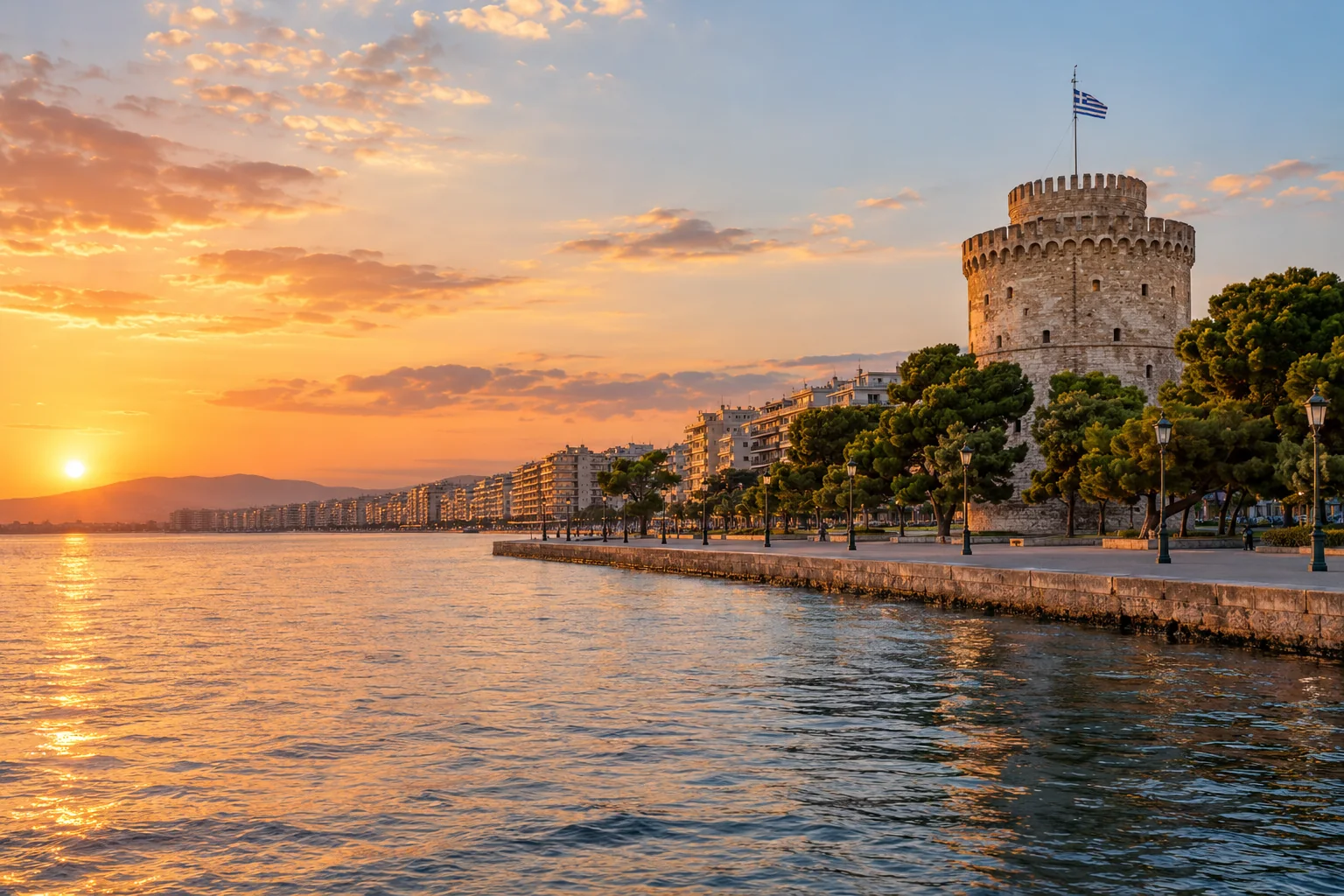 The White Tower beside the waterfront promenade, calm Thermaic Gulf and elegant urban seafront in golden evening light