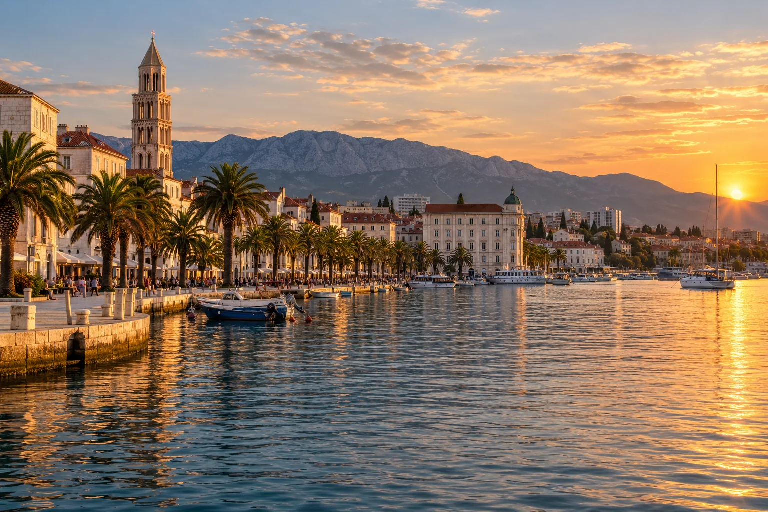 The Riva palm-lined promenade, pale stone facades around Diocletian's Palace and the Adriatic harbor, a natural coastal panorama at sunset