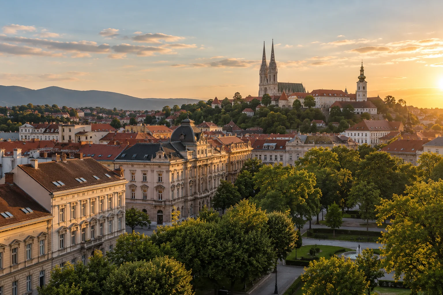 A view over the Lower Town's Austro-Hungarian facades and green park squares toward historic hilltop rooftops, late-afternoon warm light