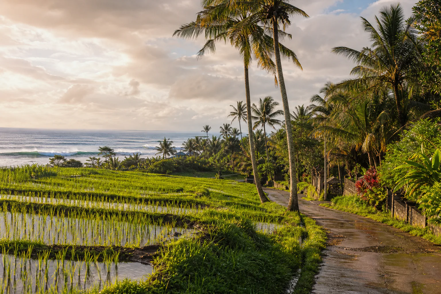 Rice fields and surf break at Canggu