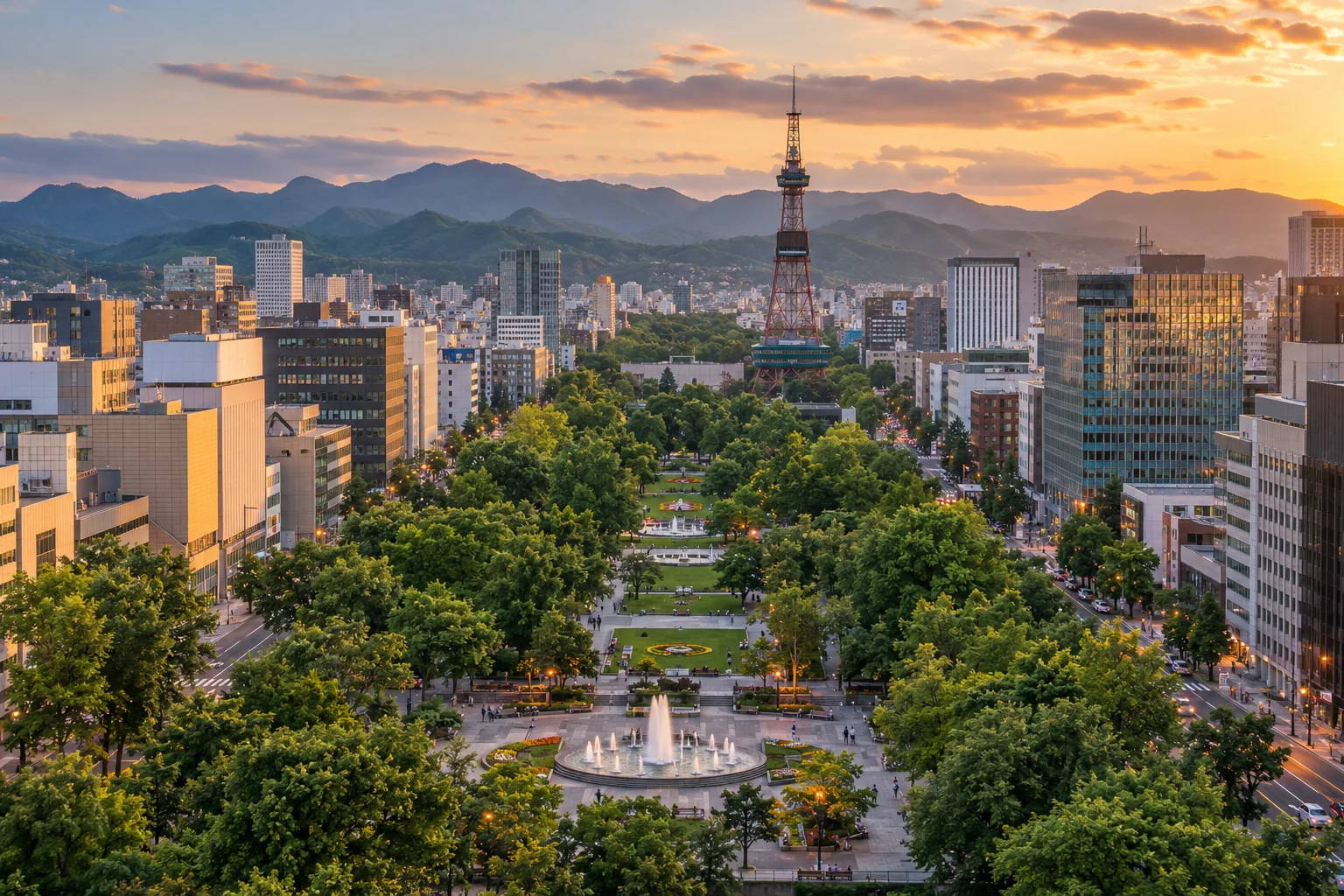 Odori Park leading through the orderly city toward the Sapporo TV Tower, lush summer greenery, mountain backdrop and warm early evening sky