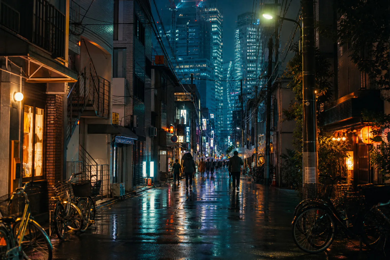Tokyo streets at night with neon and rain