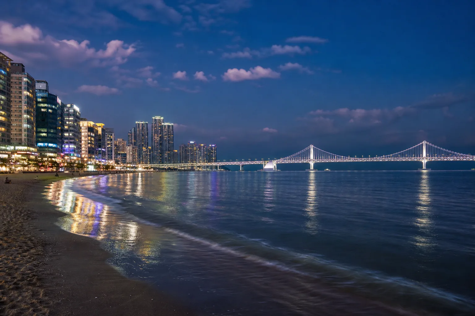 Gwangalli beach and the suspension bridge at night