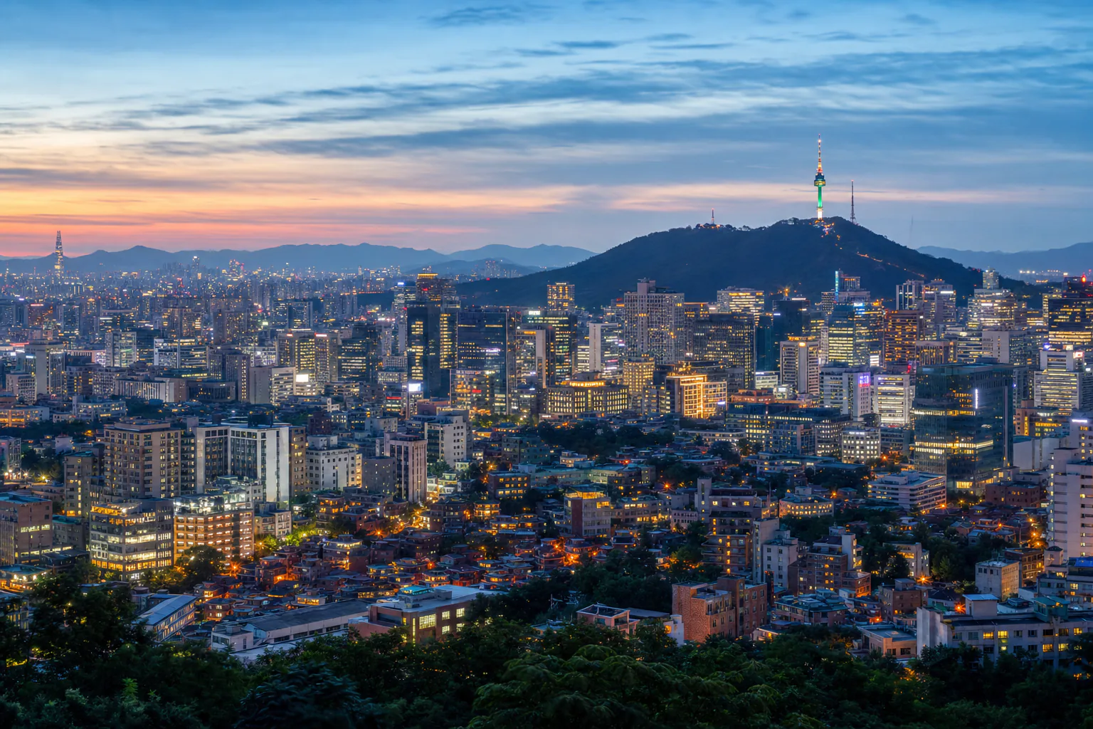 Seoul at night with Namsan tower above the city