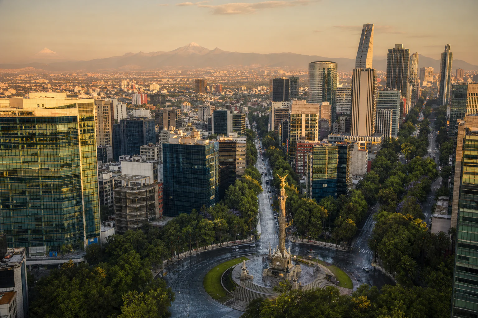 Mexico City skyline, Paseo de la Reforma and mountains at golden hour