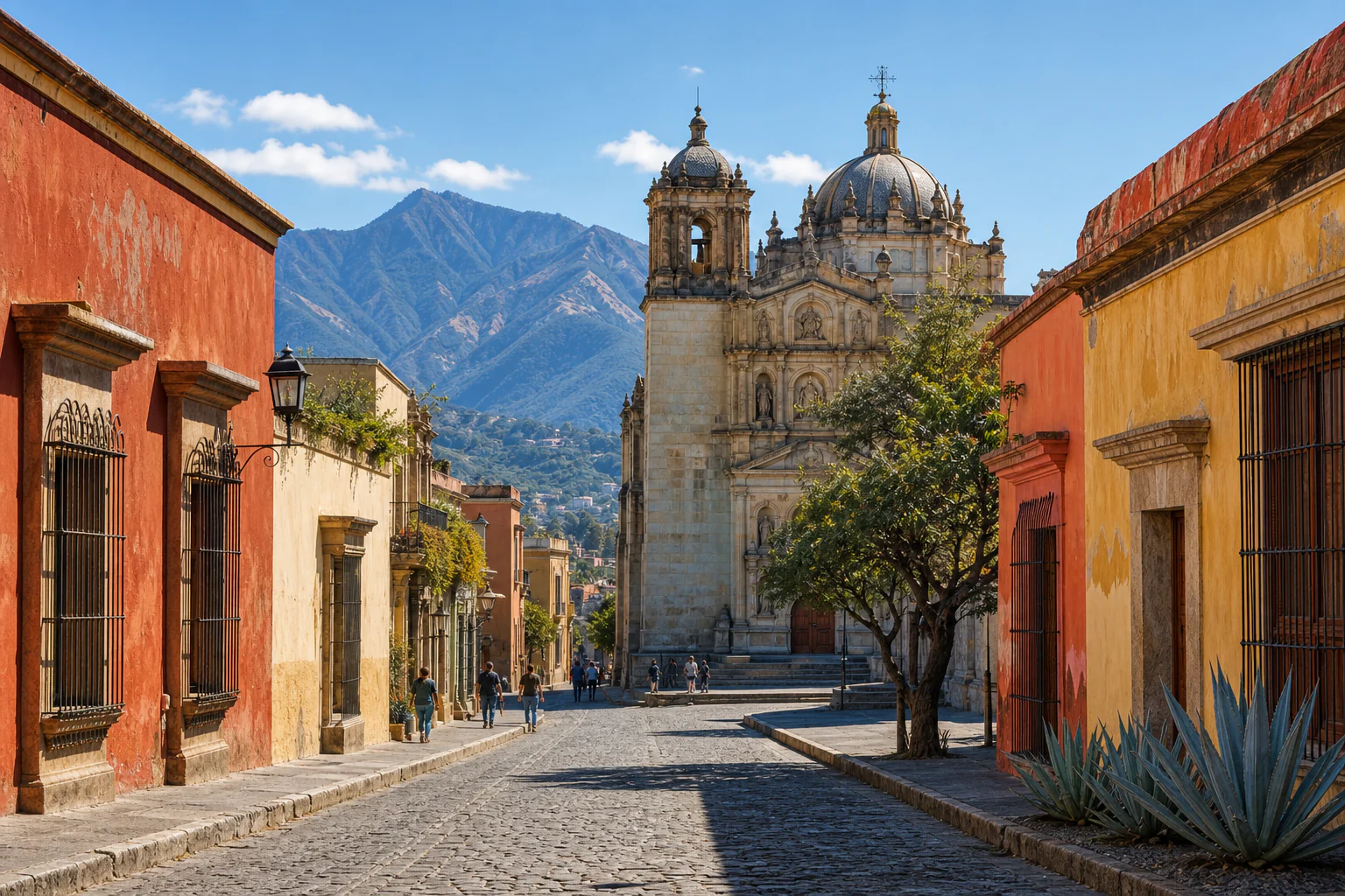 Colourful colonial facades and mountains in Oaxaca