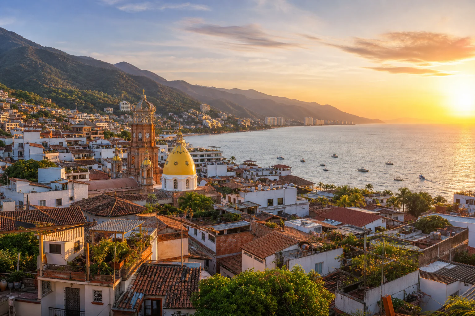 Puerto Vallarta's red roofs, bay and green mountains at sunset