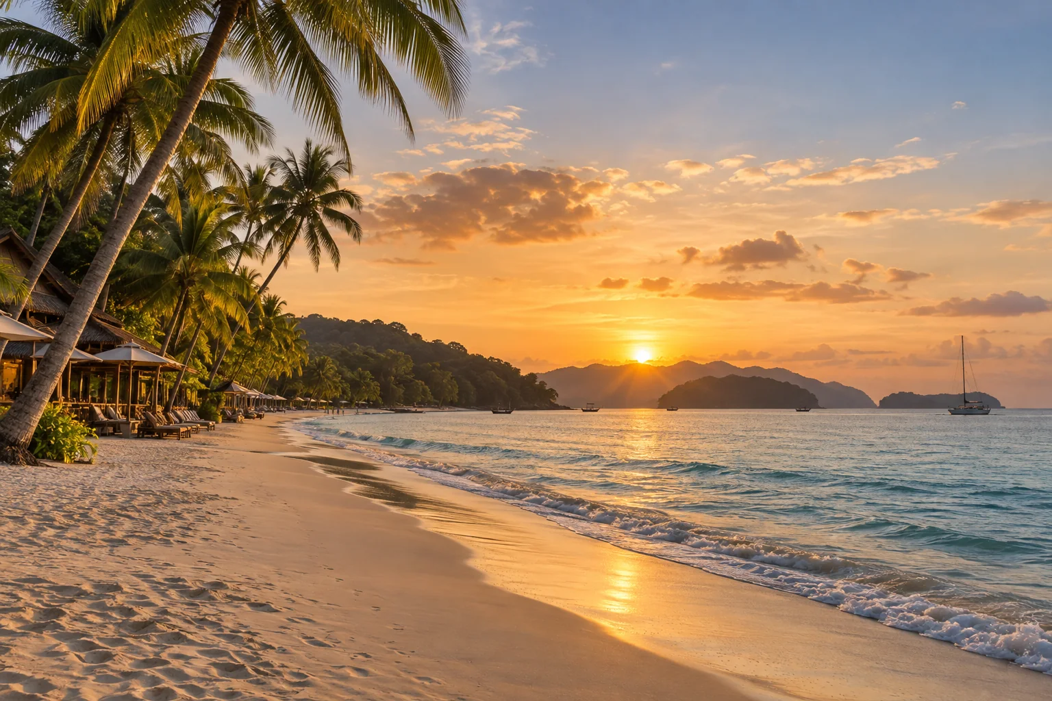 A broad tropical beach around Pantai Cenang, palms, calm blue Andaman water and forested island silhouettes under golden evening light