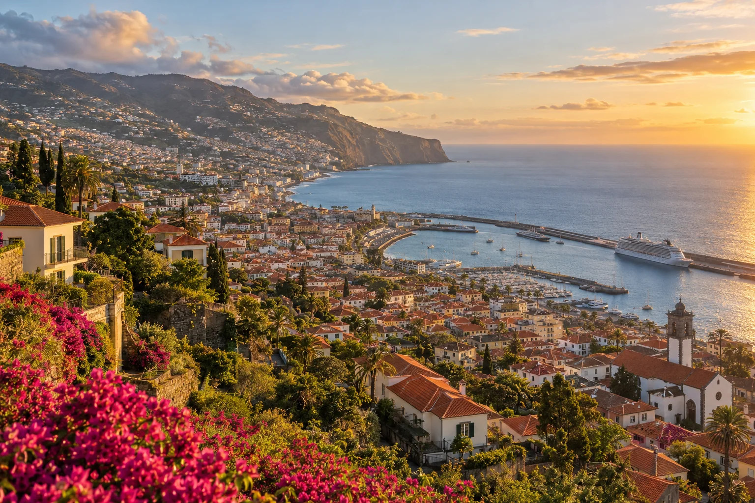 An elevated panorama of red-roofed houses and white buildings descending green hills to the curved harbor and Atlantic, clear golden late afternoon