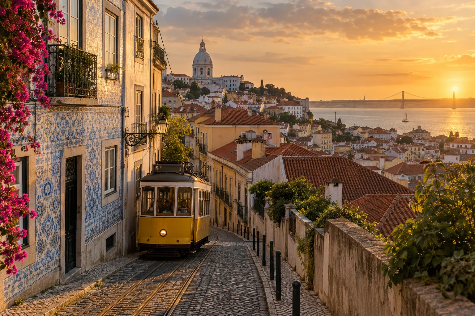 An Alfama street opening onto a layered city panorama, traditional yellow tram seen at natural scale, tiled facades and sunlit terracotta roofs