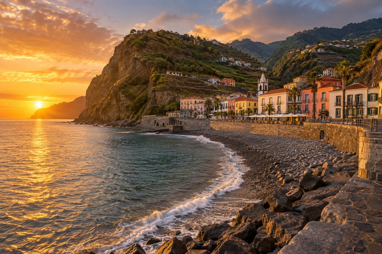 The small pastel-fronted seafront town between steep green hills and its pebble beach, a stone waterfront promenade and Atlantic sunset