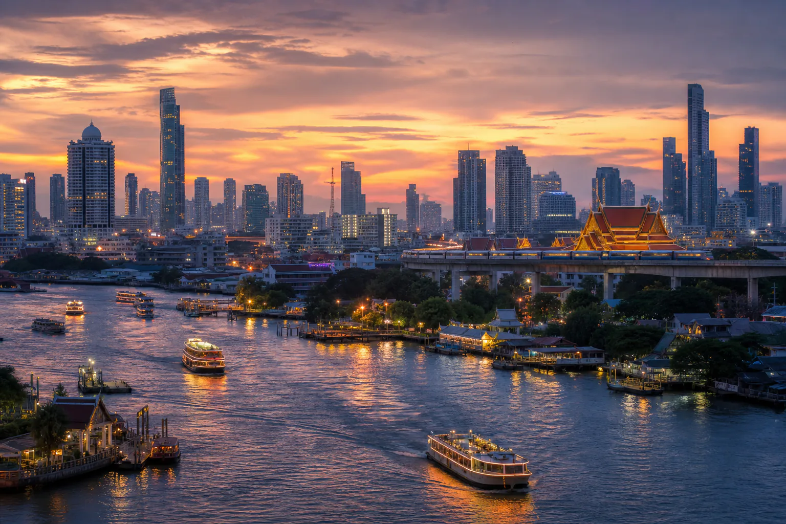 Bangkok skyline at dusk with the Chao Phraya river