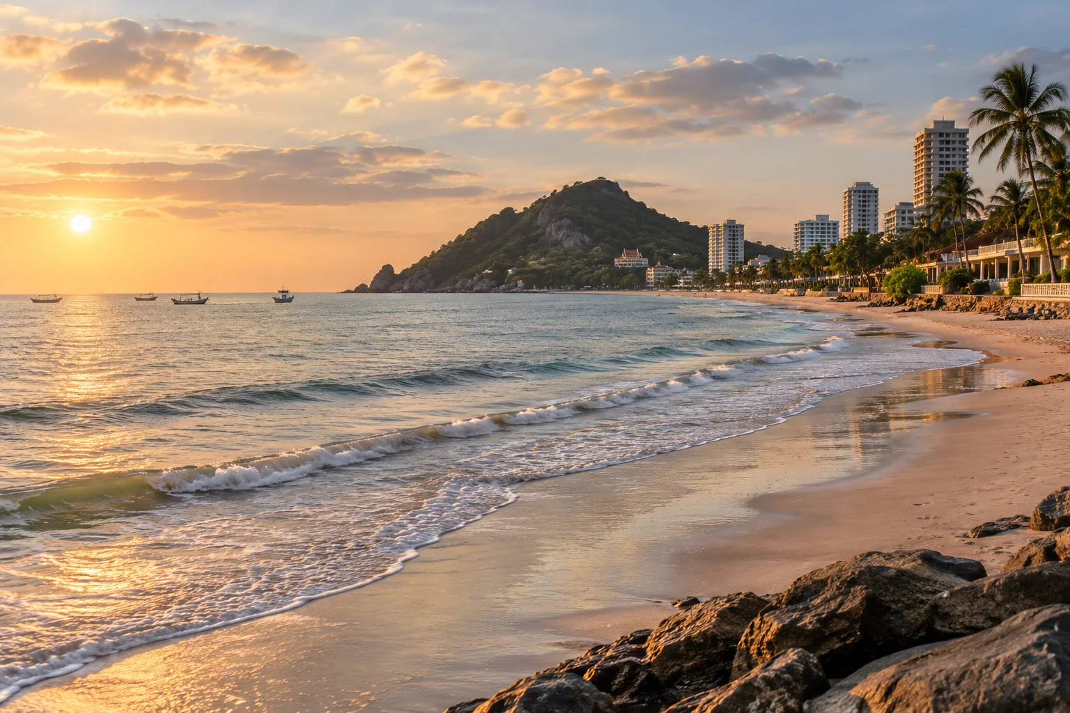 A wide Gulf of Thailand beachfront with low surf, seaside town buildings and a distant green headland, soft warm late-afternoon light