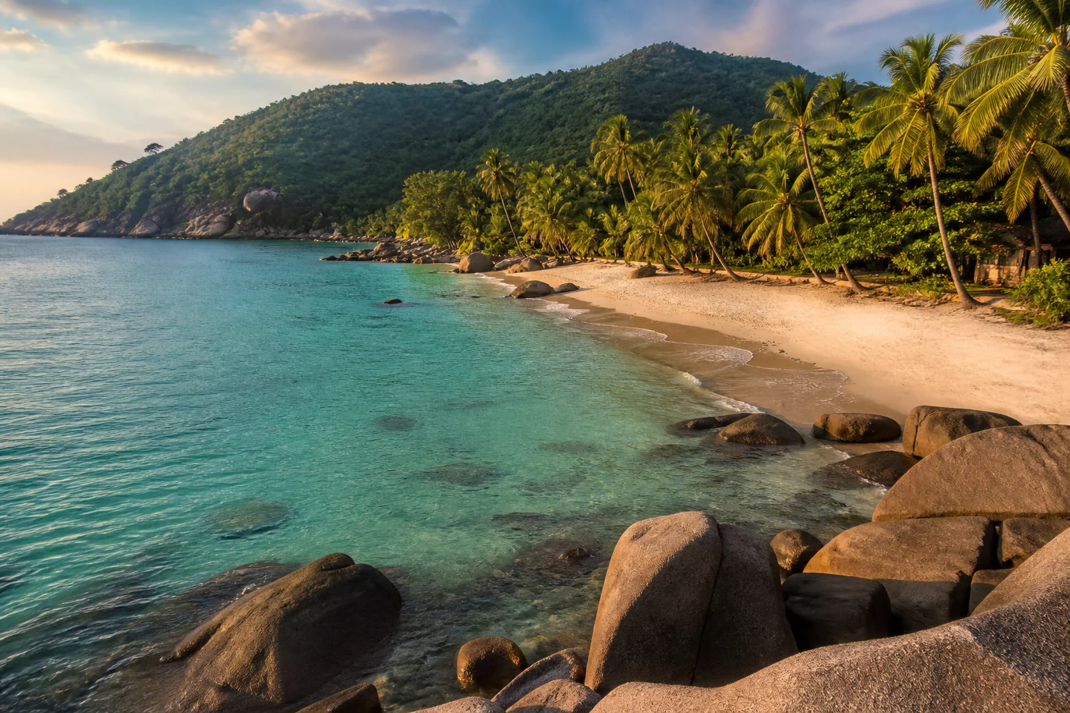 Palm-lined beach and turquoise water on Koh Samui