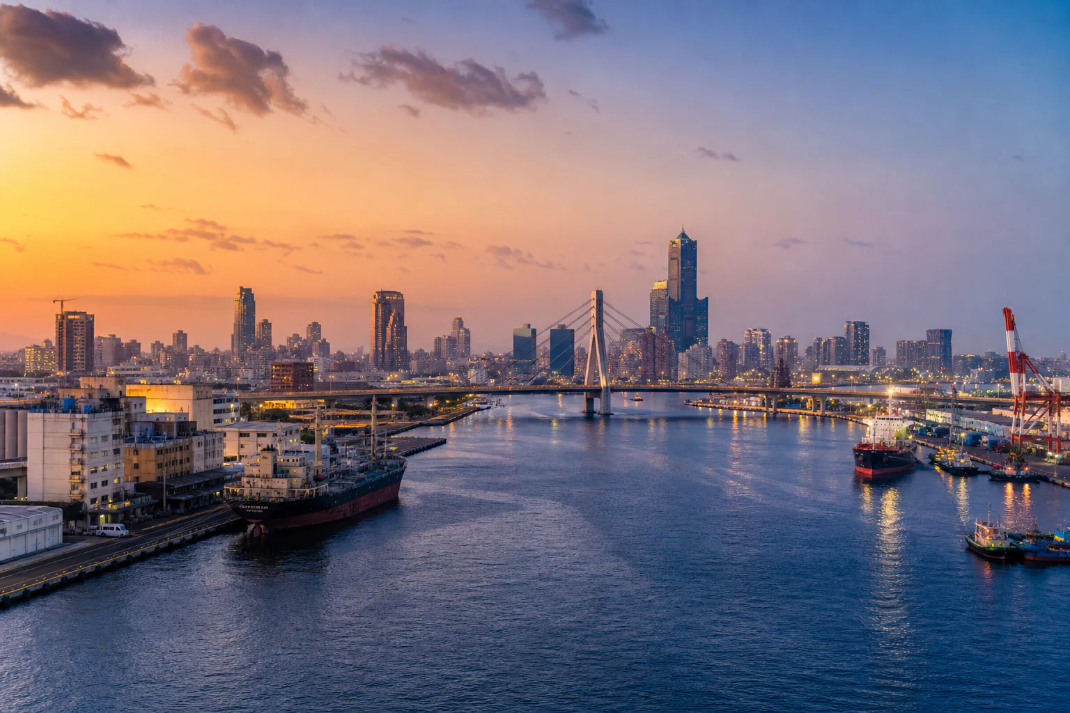 Kaohsiung harbour, bridge and skyline at sunset