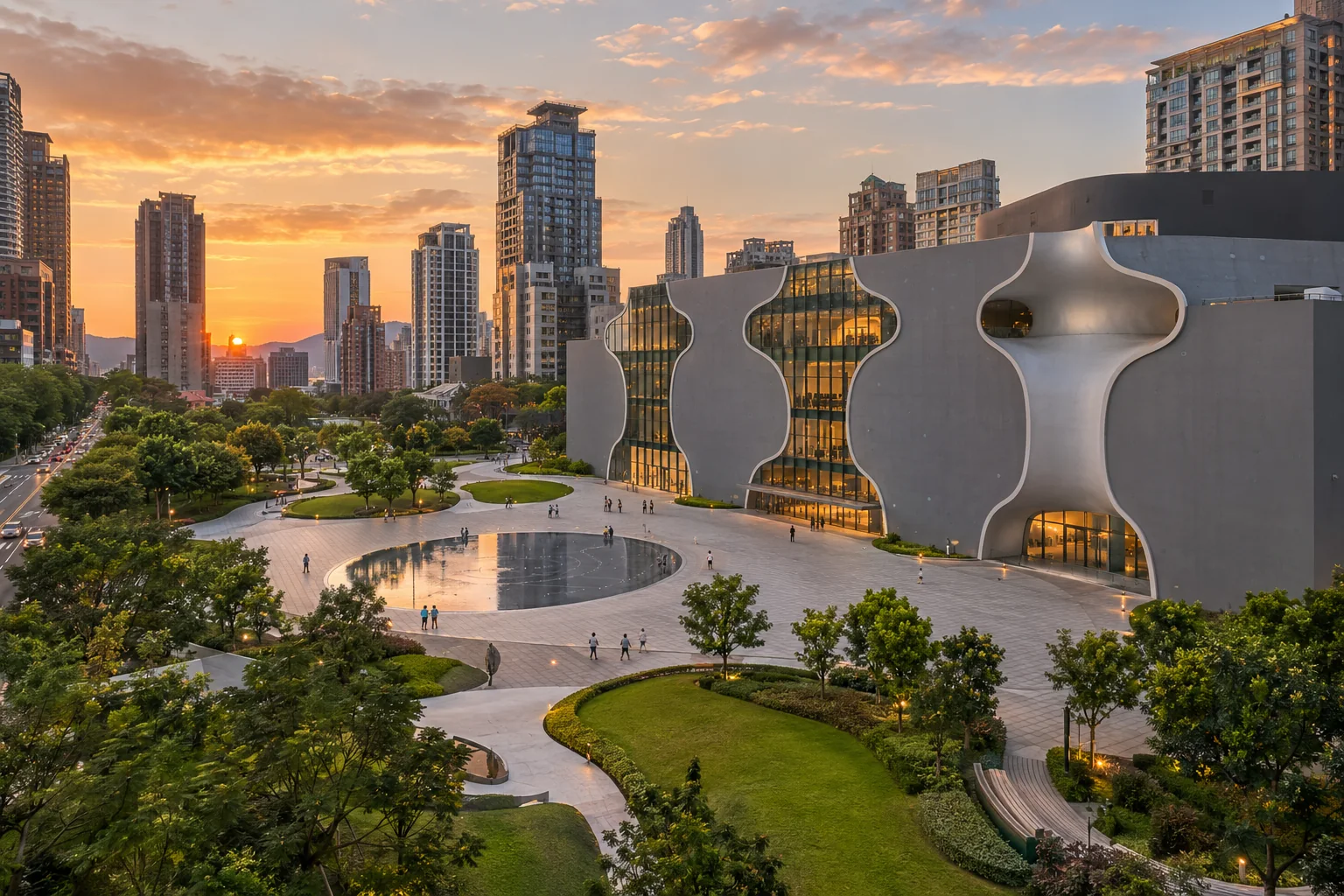 The modern curving National Taichung Theater and its surrounding landscaped plaza, contemporary buildings and leafy streets in soft evening light