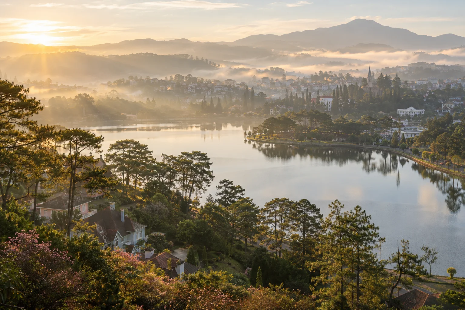 Xuan Huong Lake with pine-covered slopes, villas and the highland town beyond, gentle morning mist catching warm sunlight