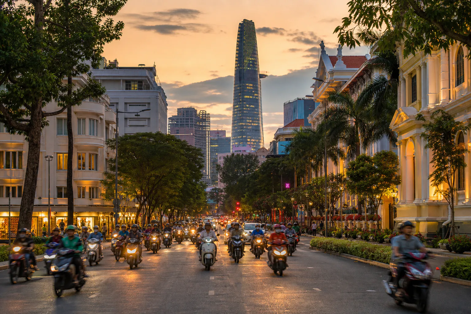 Motorbike traffic and towers in central Ho Chi Minh City
