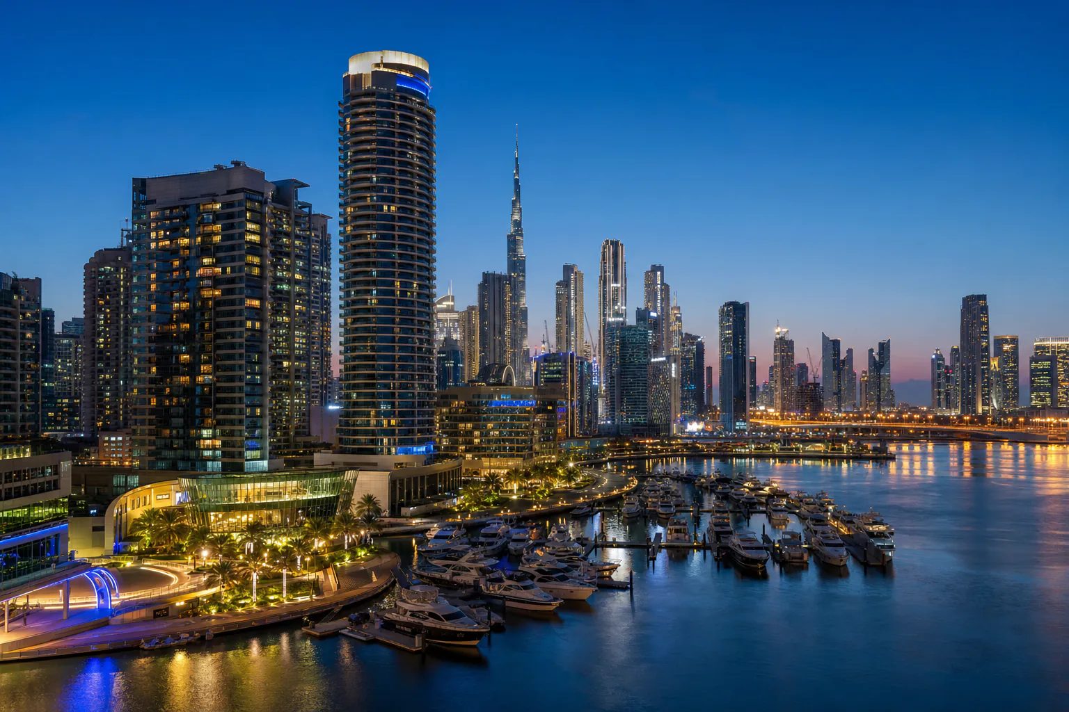 Dubai skyline and marina towers at blue hour
