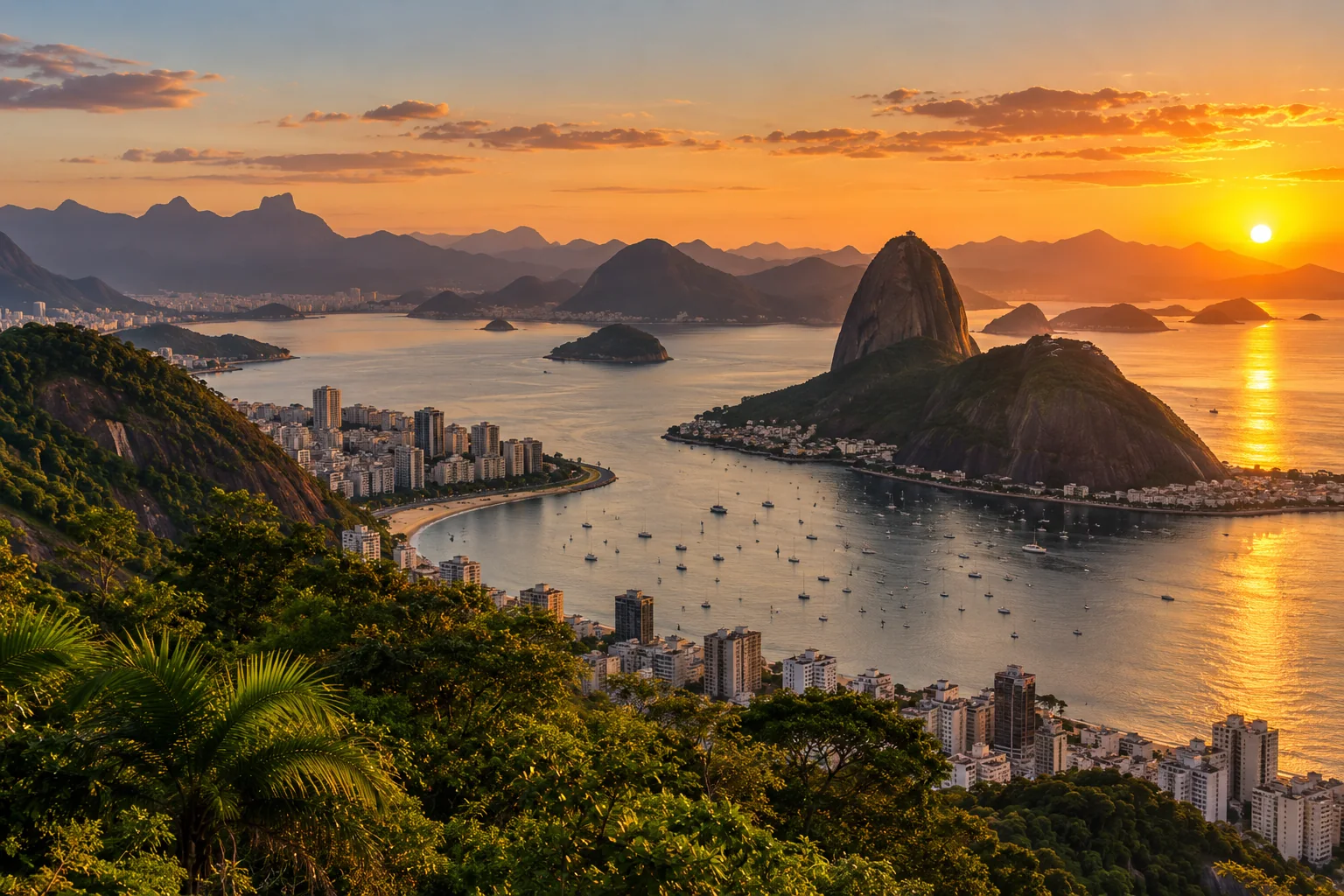 Rio de Janeiro's Guanabara Bay framed by lush tropical slopes and Sugarloaf Mountain, curved waterfront and layered mountains at warm sunset