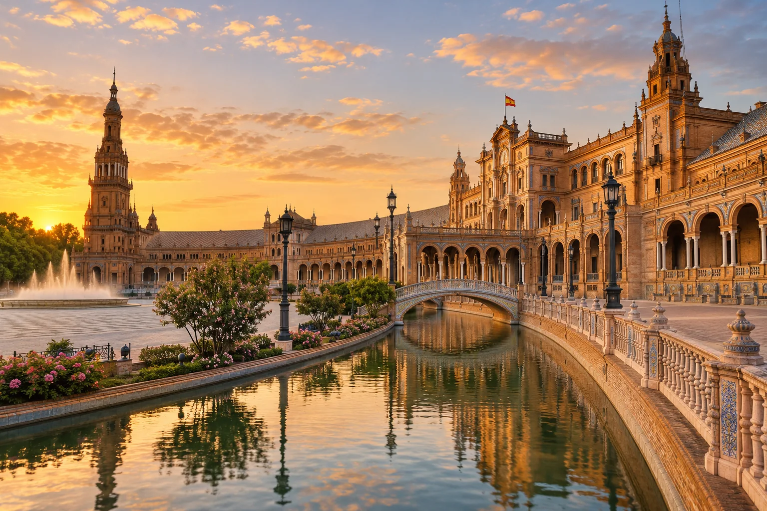 Plaza de España in Seville, graceful brick arcades and towers reflected in the canal, flowers and the tiled bridge
