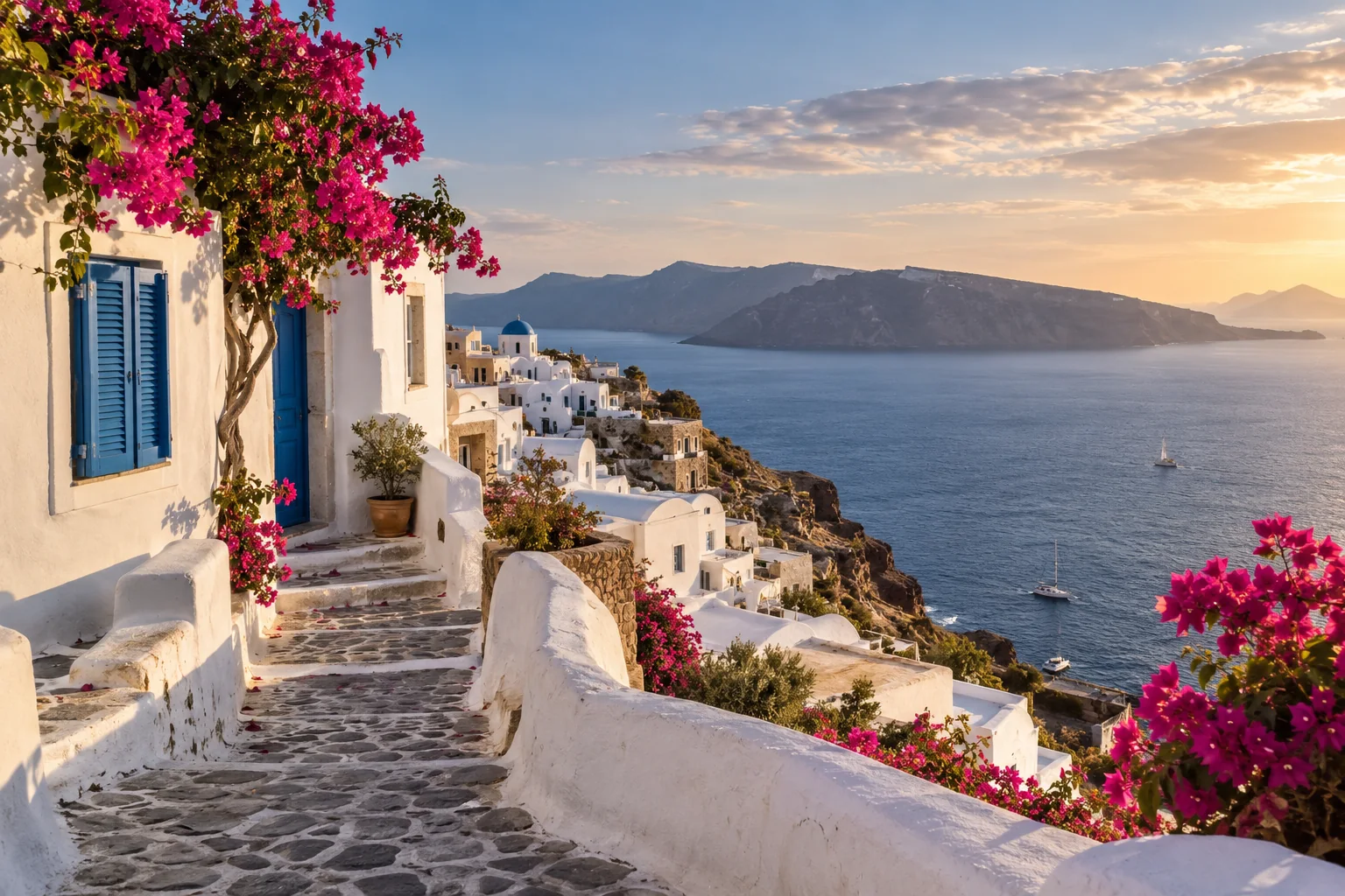 Whitewashed Cycladic houses with blue shutters above the Aegean on a Greek island, narrow stone paths, bougainvillea and a distant coastline under soft late-afternoon light
