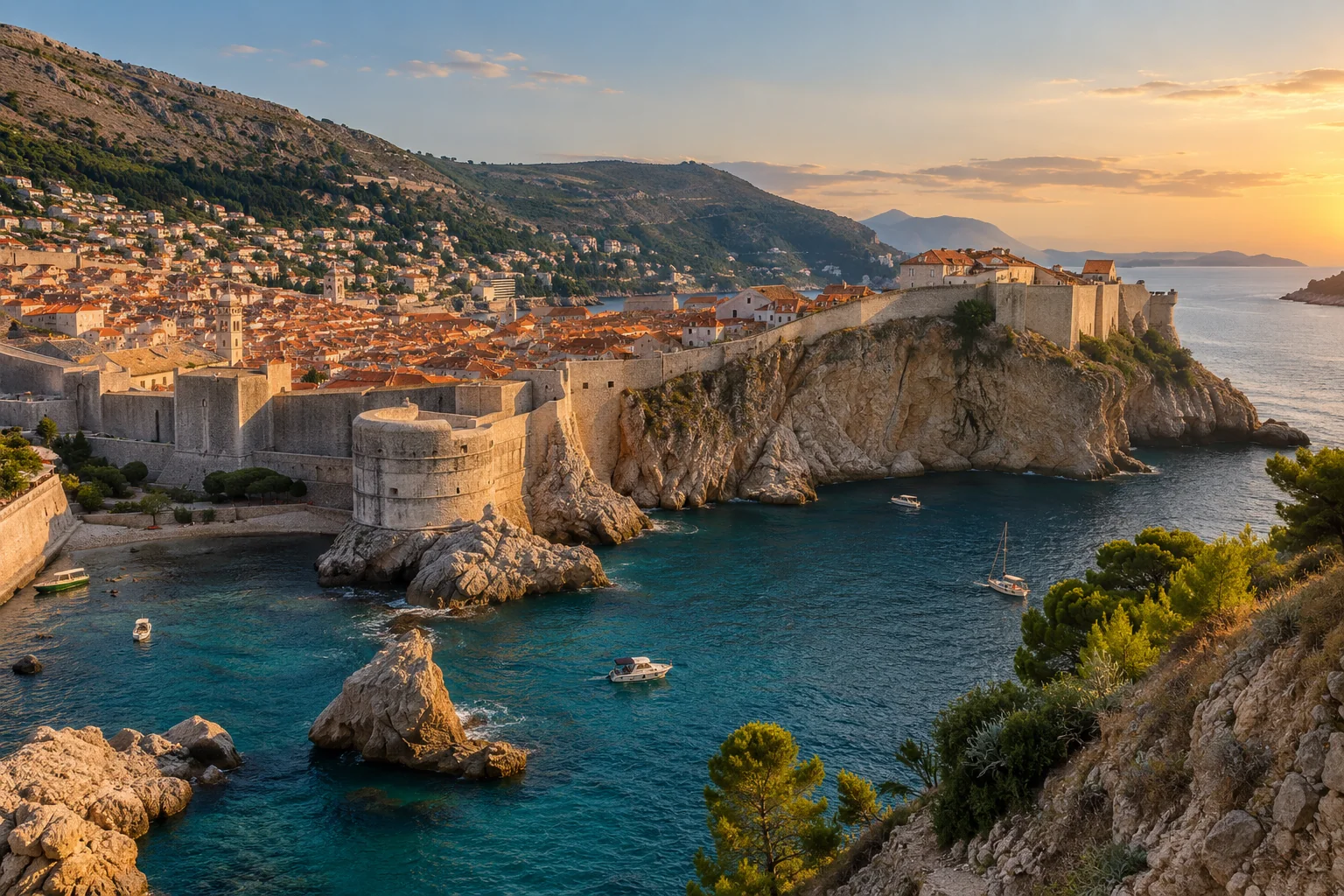 Dubrovnik's limestone city walls and red roofs beside the deep blue Adriatic