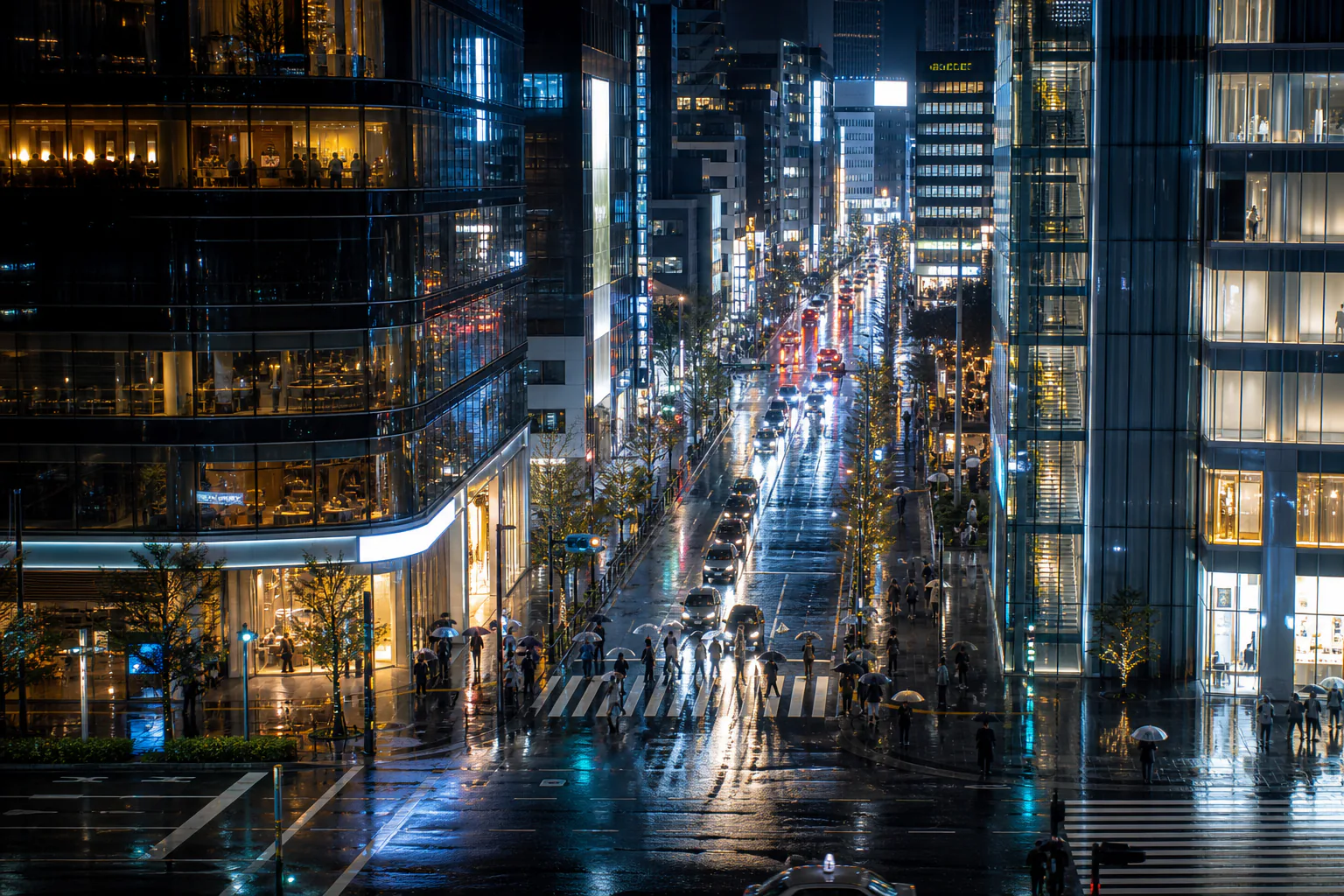 Neon-lit street in central Tokyo at night