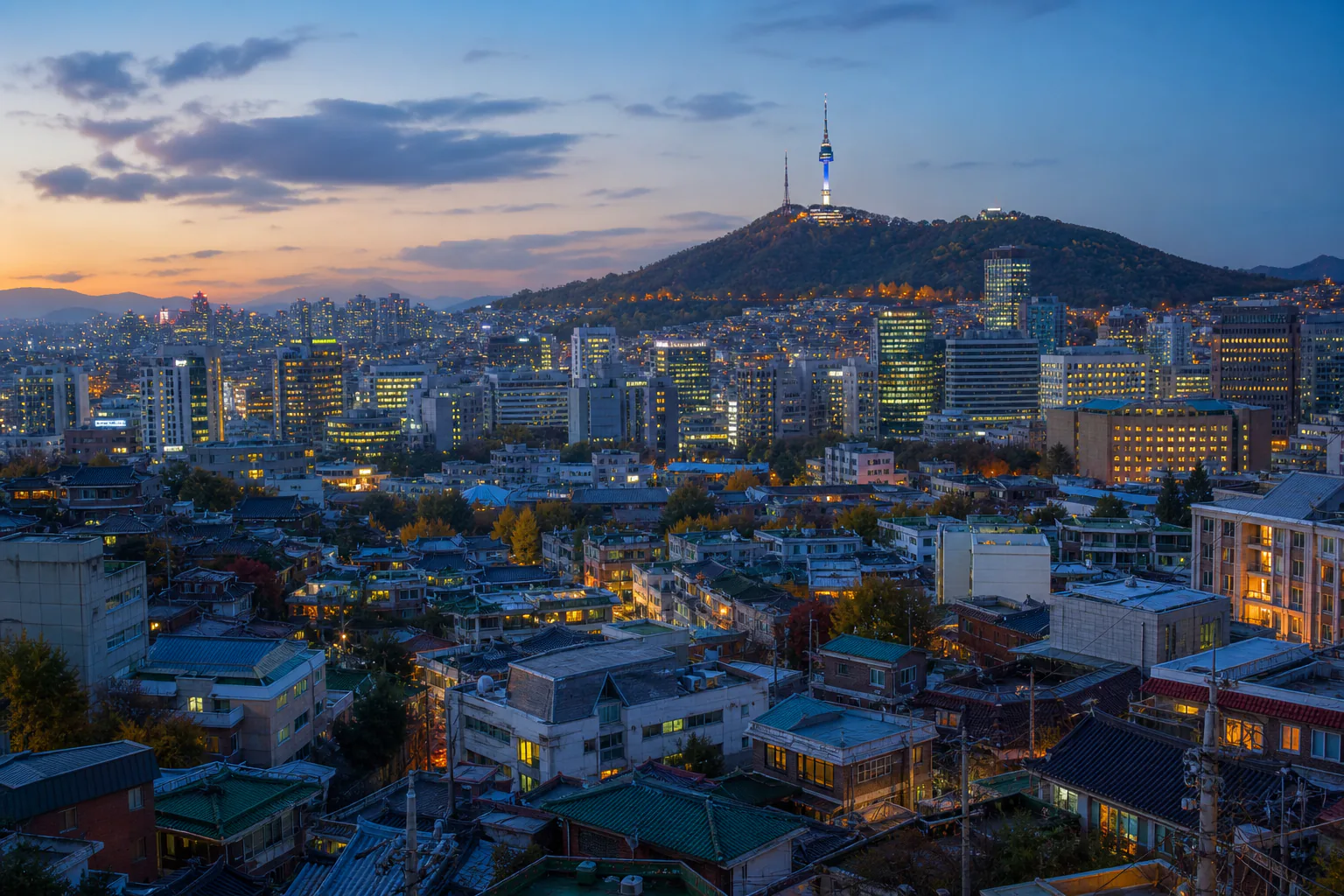 Seoul skyline with Namsan tower above dense neighbourhoods