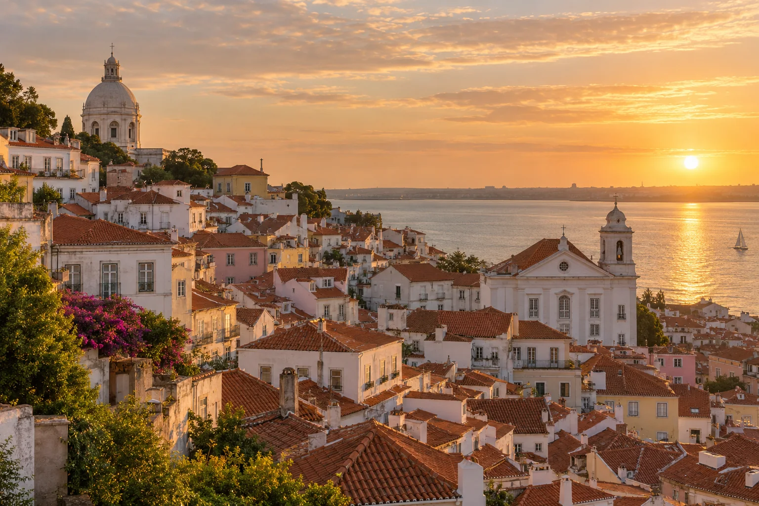 An elevated view across Lisbon's Alfama terracotta rooftops toward the Tagus estuary, whitewashed facades and a distant riverside church dome