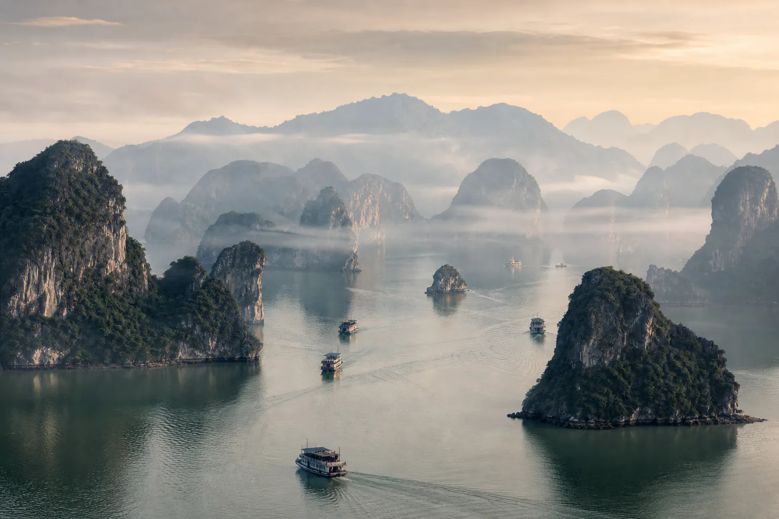 Limestone karsts rising from the water in northern Vietnam