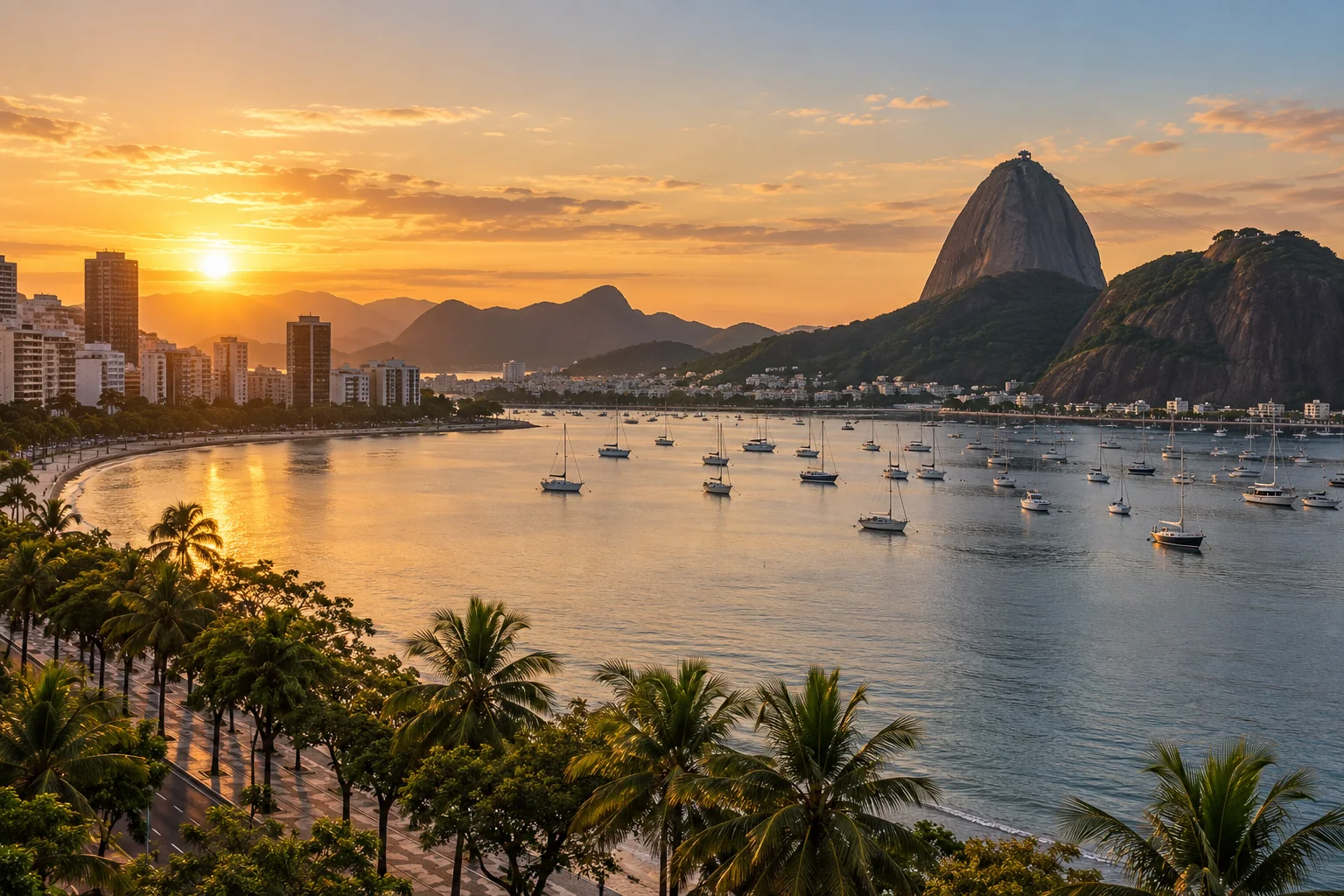 The neighborhood's waterfront and curved bay with moored sailboats, Sugarloaf Mountain beyond and apartment buildings behind the palms