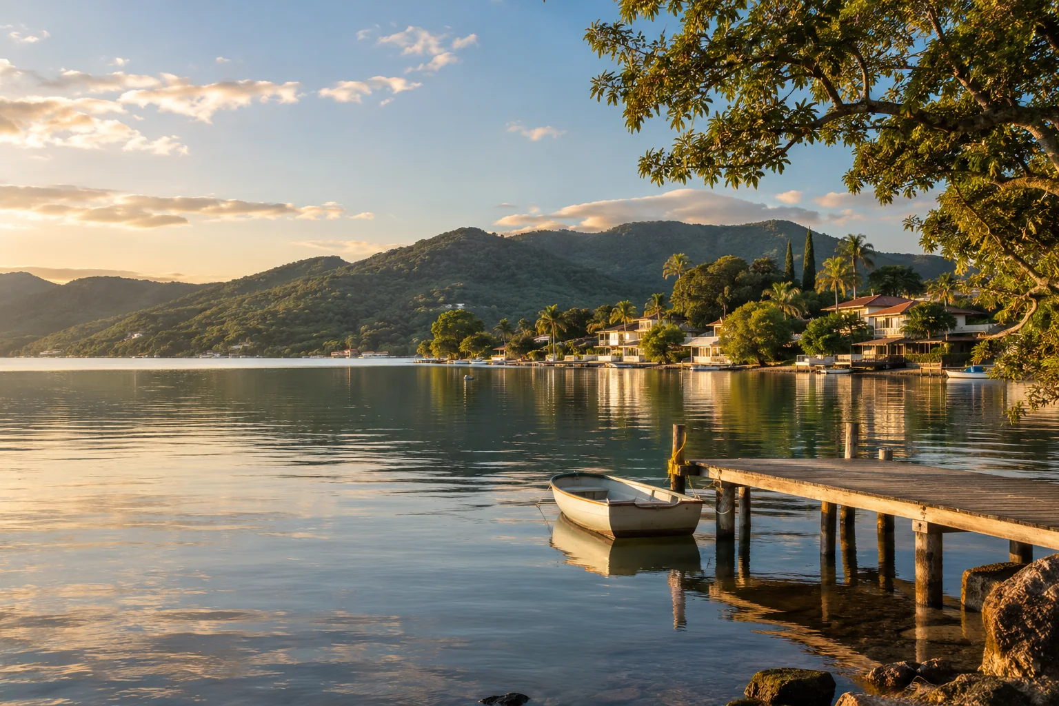The calm lagoon edged by low-rise houses, a small wooden dock and lush hills, subtle reflections under warm late-afternoon light