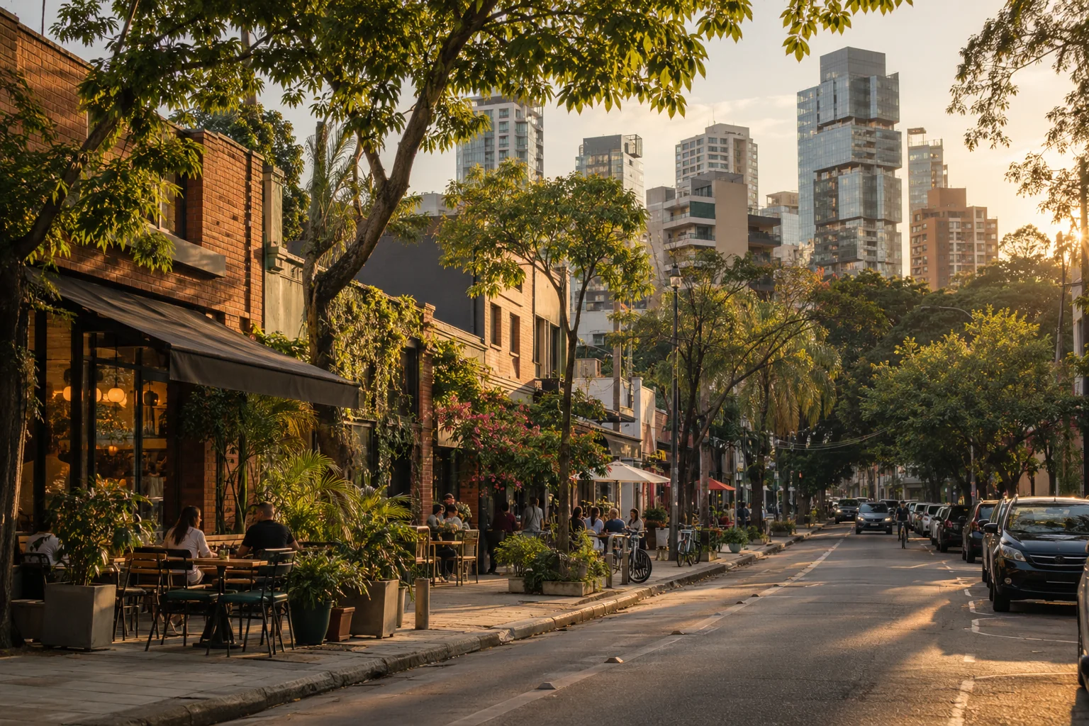 A leafy street with low-rise cafes and brick storefronts beneath a varied modern skyline, authentic Brazilian urban texture