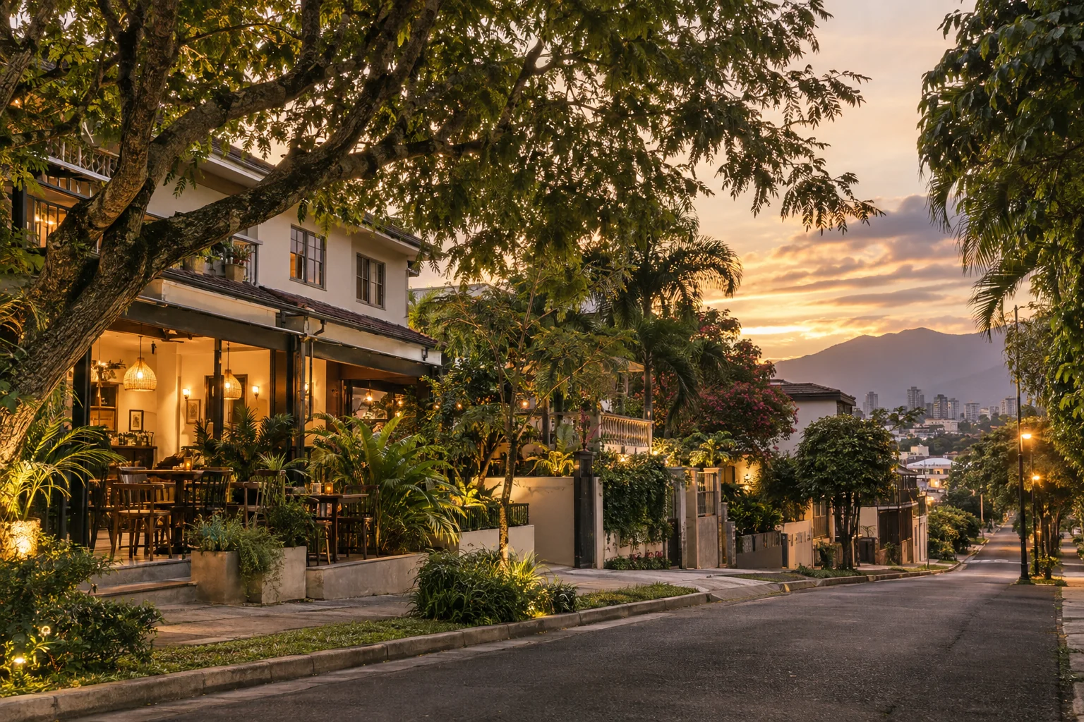 A green residential cafe street with renovated low-rise houses, garden terraces and tropical trees, quiet warm evening light