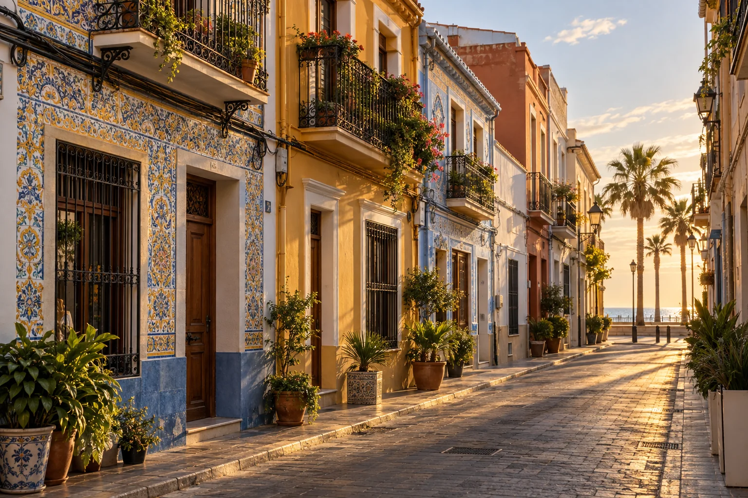 A quiet street of traditional colorful tiled fisherman's houses, ornamental ceramics, wrought-iron balconies and hints of sea light