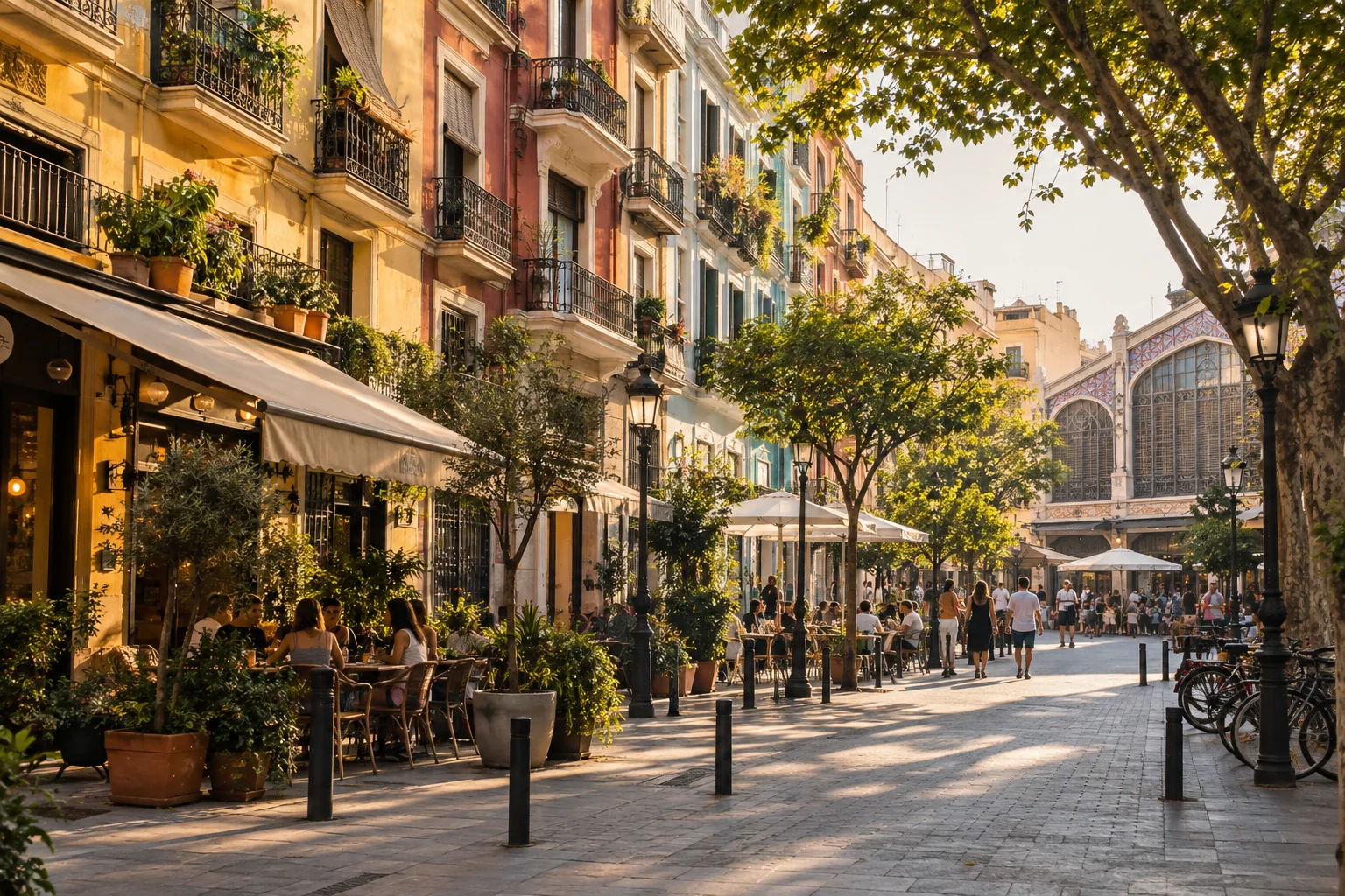 A welcoming Mediterranean street near the market with traditional colorful apartment facades, balconies, street trees and cafe terraces