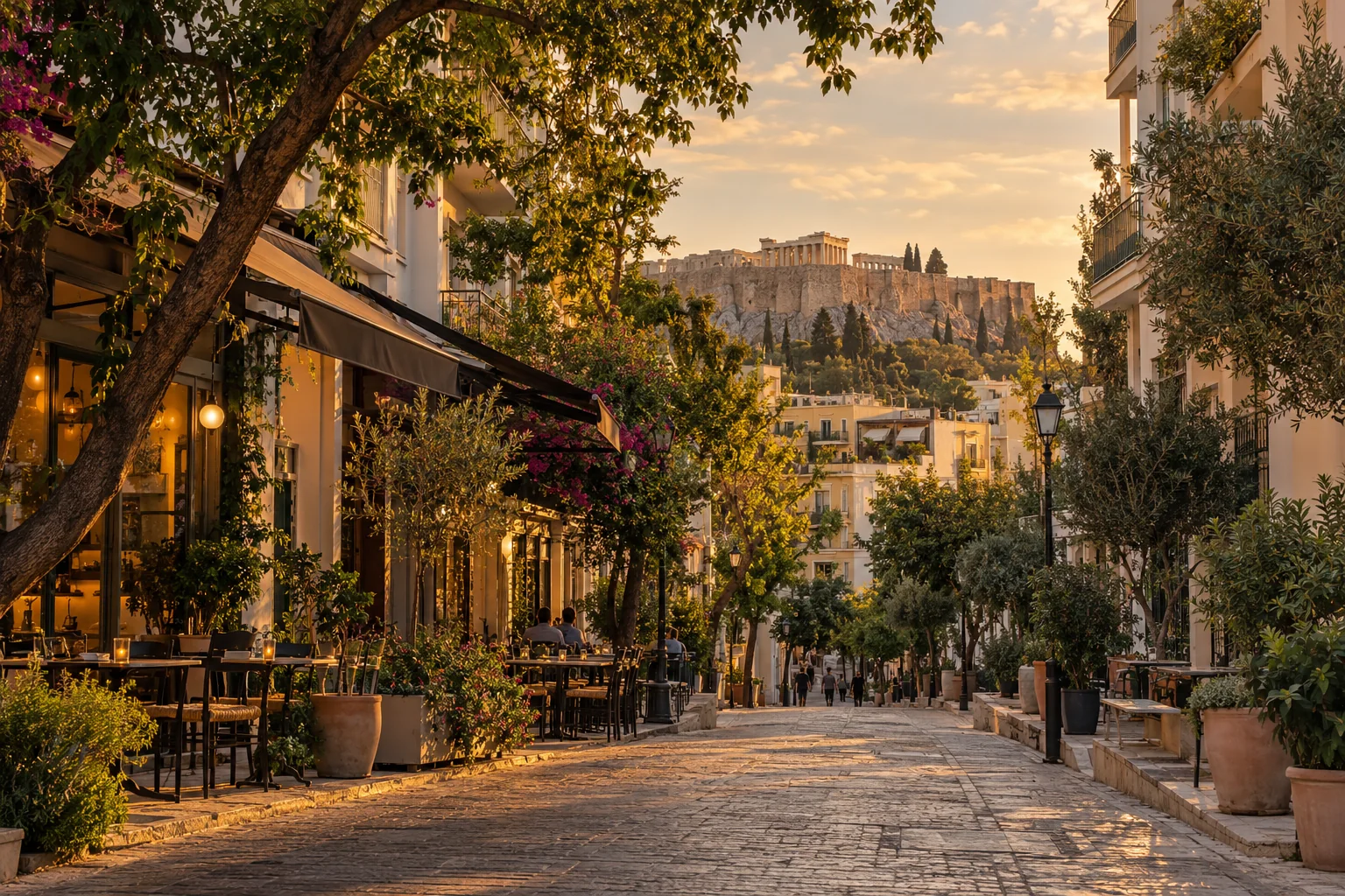 A quiet pedestrian-friendly cafe street lined with pale apartments and mature trees, the Acropolis glimpsed naturally above the roofs