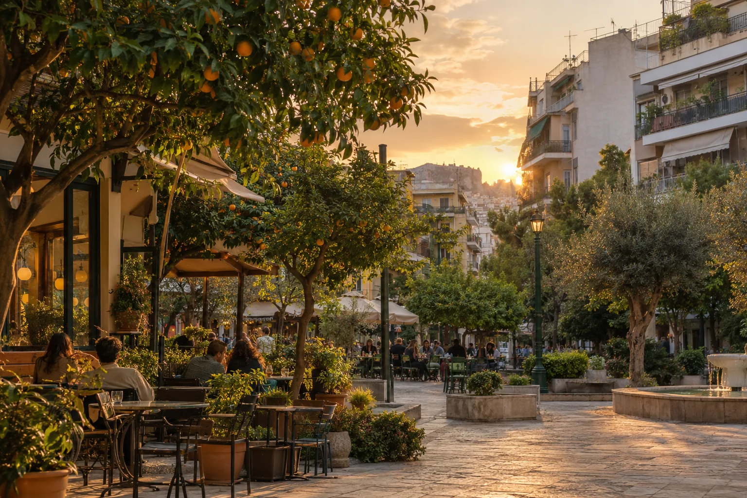 A neighborhood square with outdoor cafe seating, citrus trees and understated apartment balconies, lived-in Greek urban character at golden hour