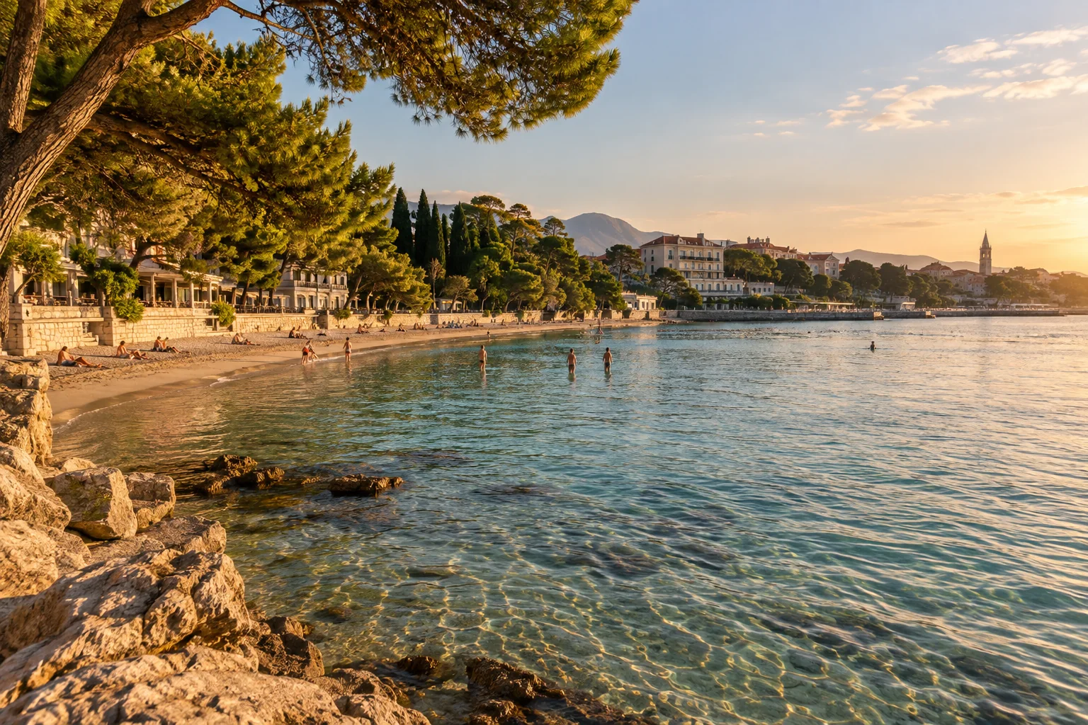 The neighborhood's sandy bay and promenade with Mediterranean pines and low-rise city buildings beyond the clear Adriatic shallows