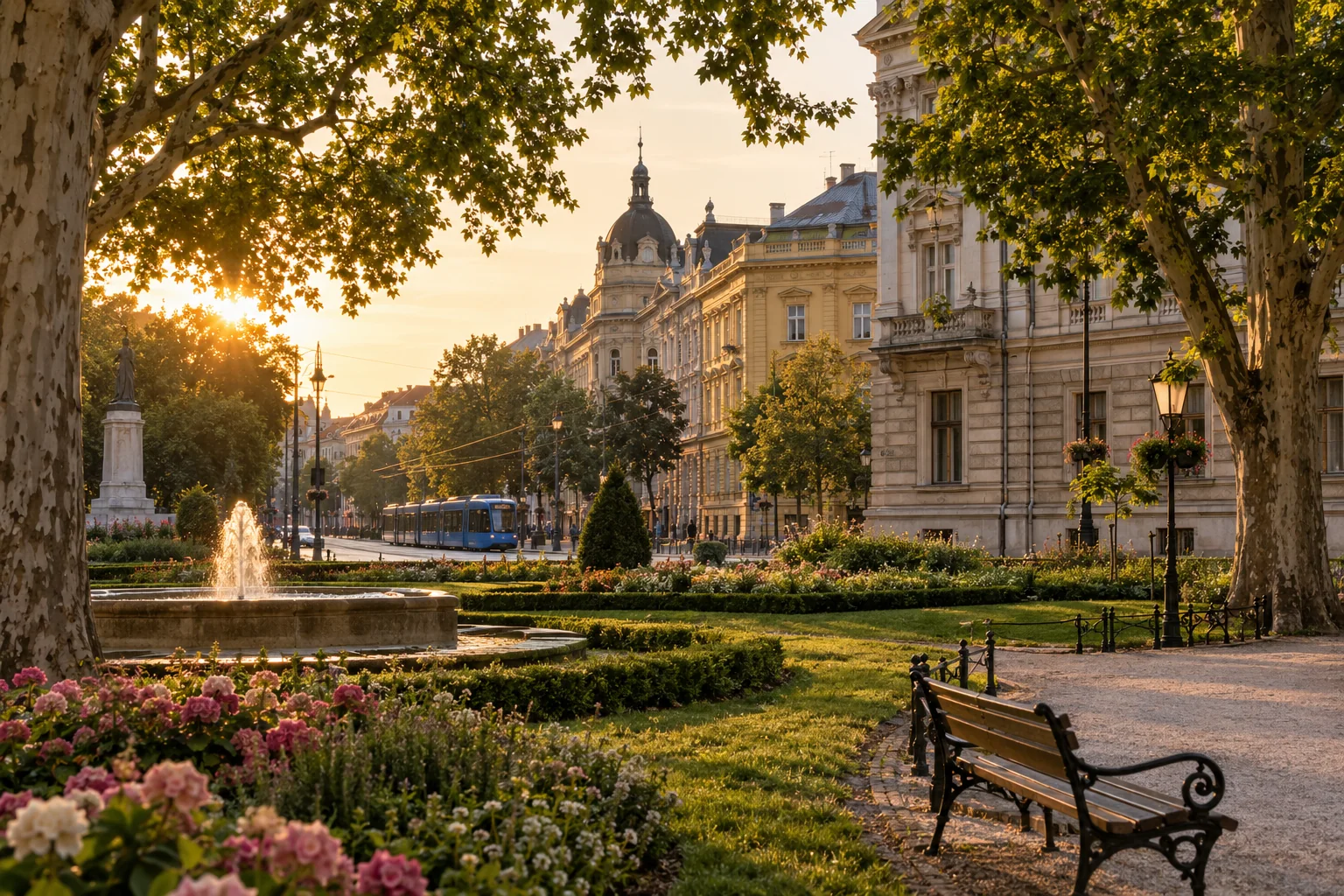 An elegant Lower Town park square, mature trees, flowerbeds and richly detailed nineteenth-century facades with a tram in the distance