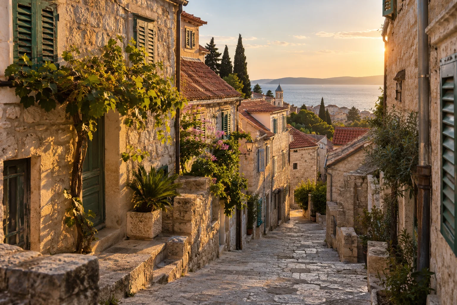 A narrow old limestone lane with stone houses and weathered shutters on the slope toward Marjan, a subtle sea glimpse between roofs
